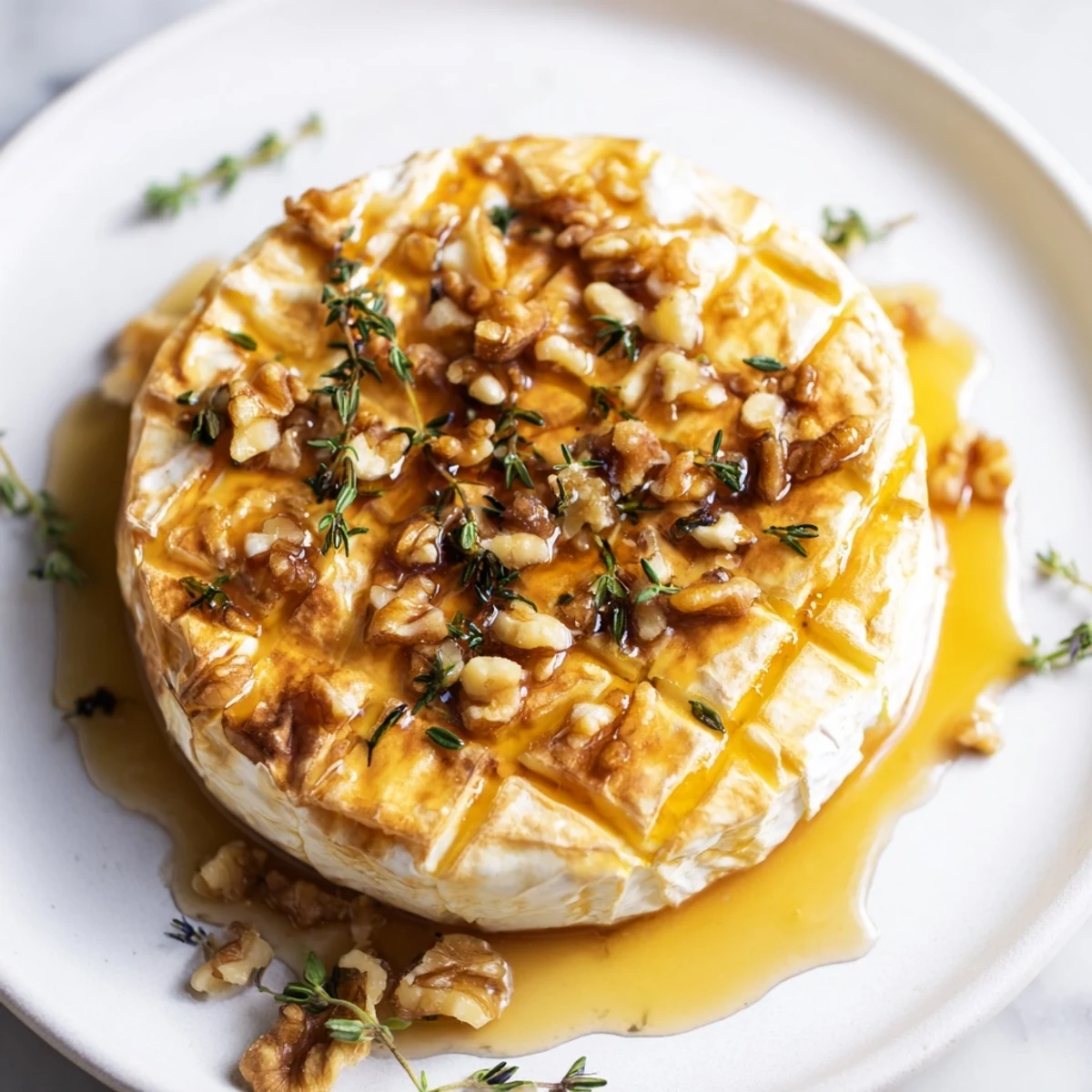 A warm, flavorful wheel of baked cheese, sprinkled with nuts and thyme, perfect for dipping.