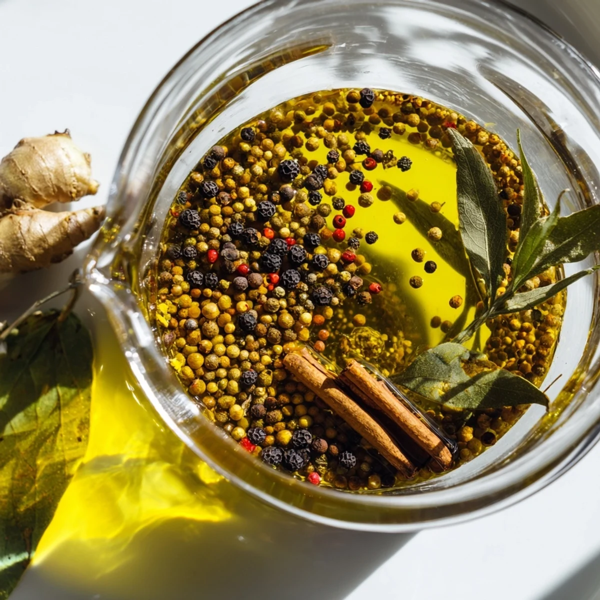 Fragrant Spiced Oil with visible peppercorns and spices infusing in a simmering golden olive oil.
