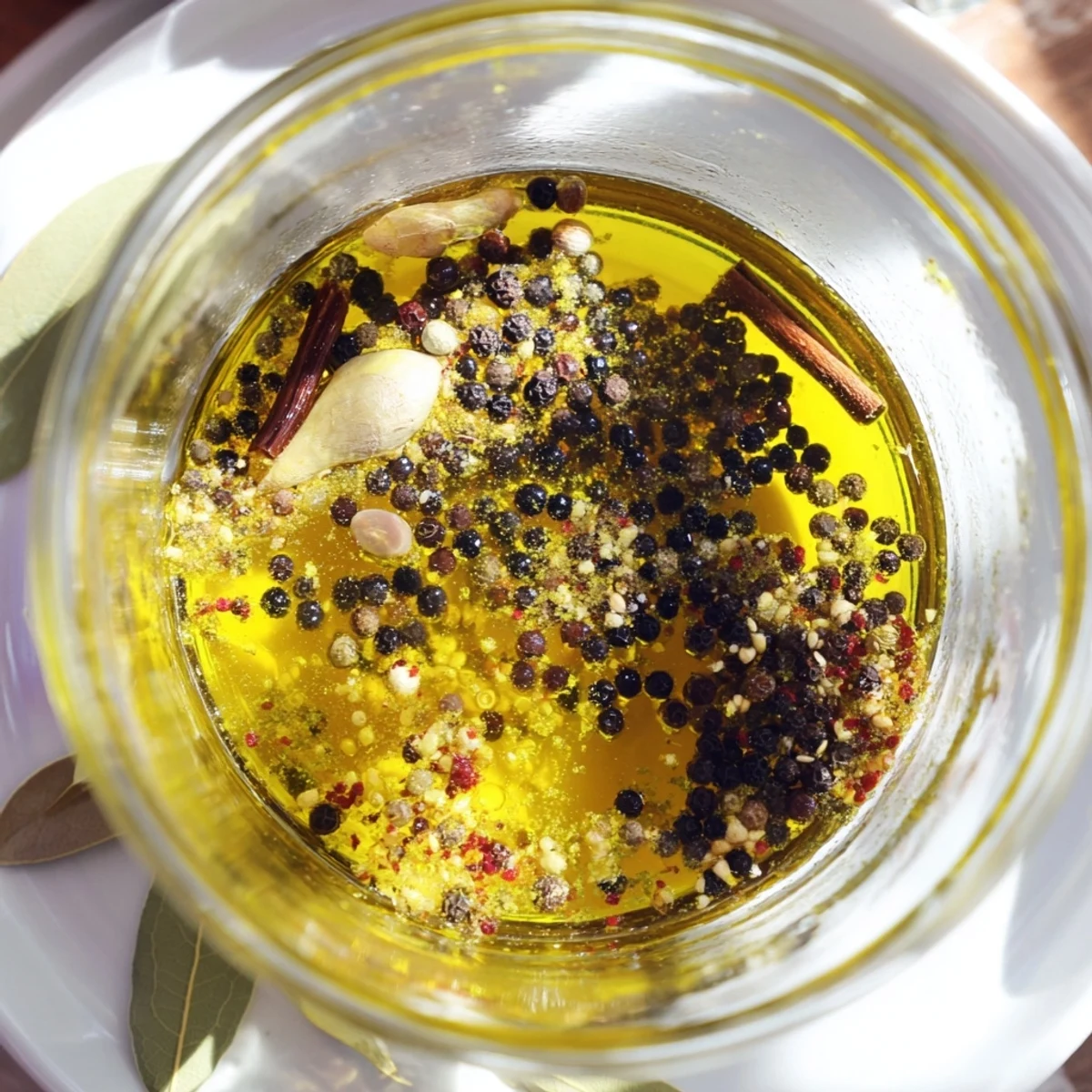 Homemade Spiced Oil in a clear bottle, ready to flavor vegetables with globally-inspired spice notes.