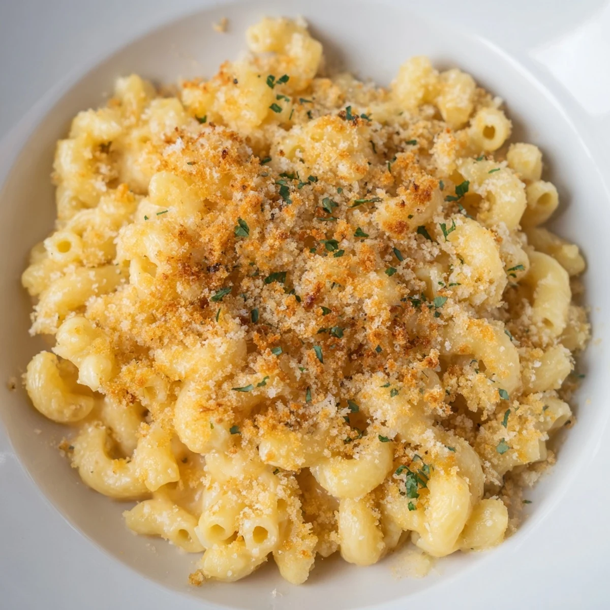 Creamy, cheesy baked macaroni and cheese with a crispy breadcrumb topping looks delicious.