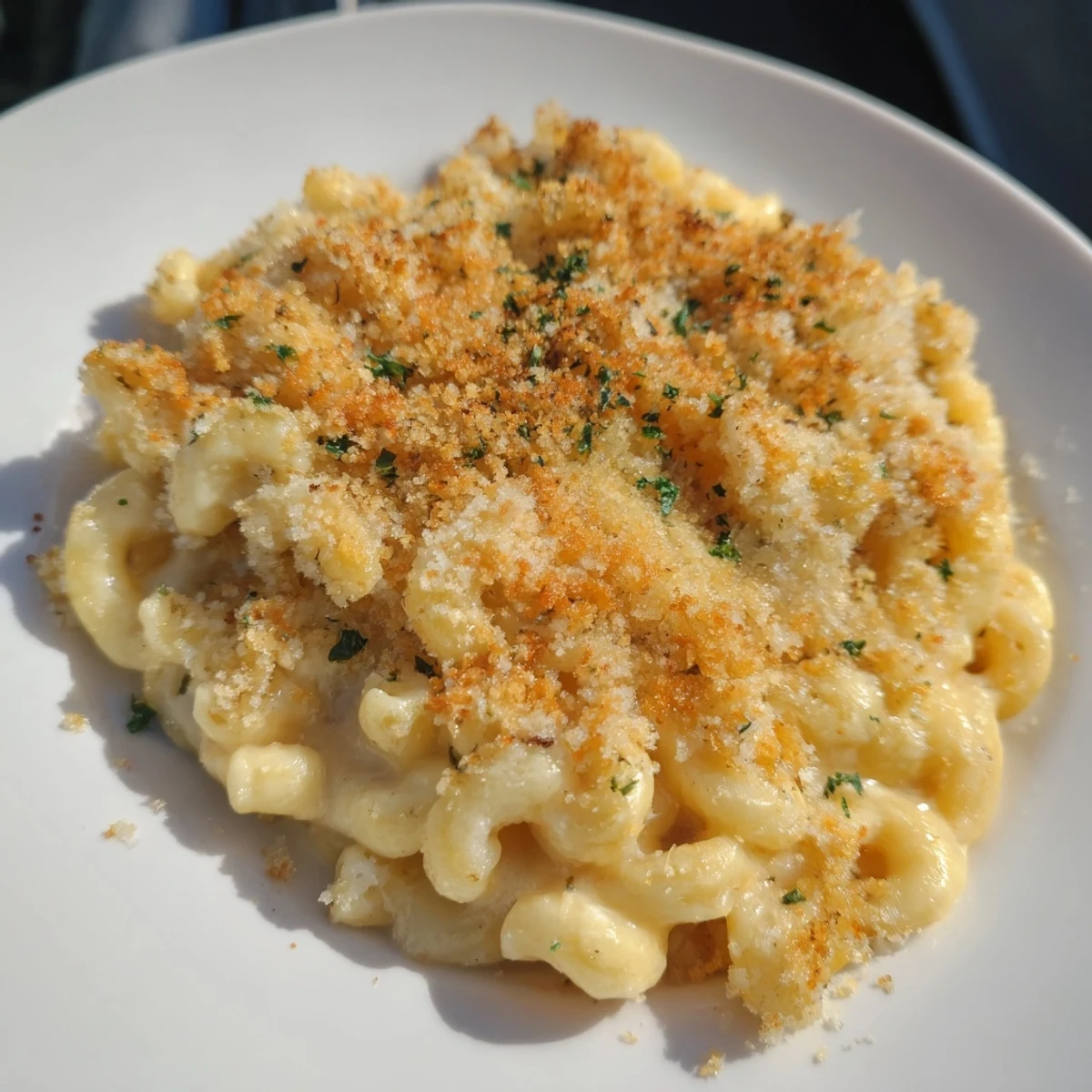 A close-up of baked macaroni and cheese, showing cheesy pasta beneath a golden crust.