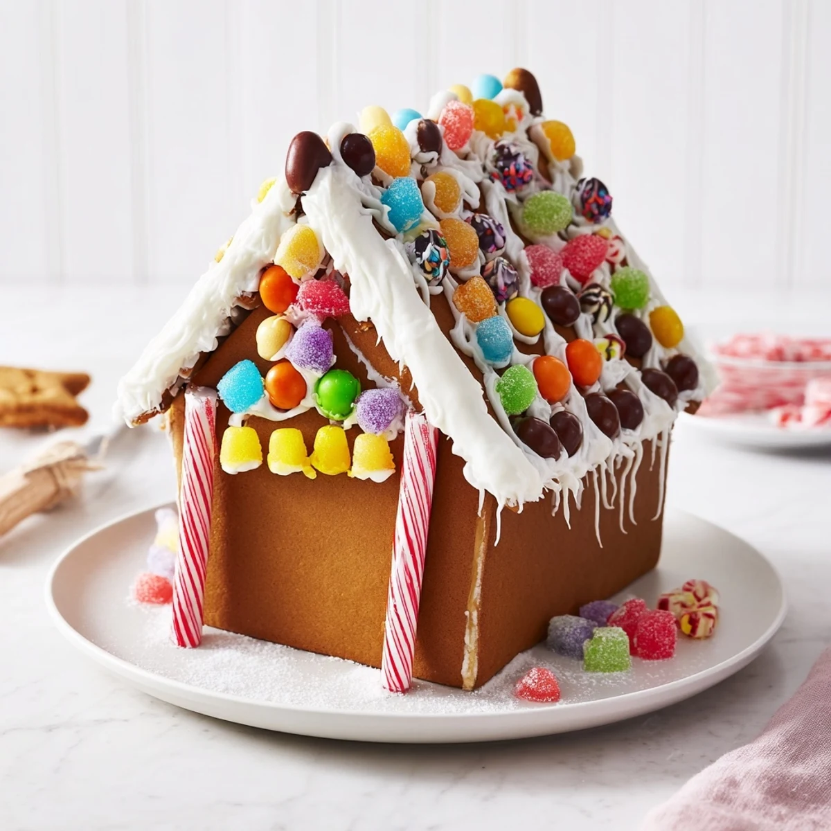 A brightly decorated gingerbread house with colorful candies, perfect for holiday baking fun.