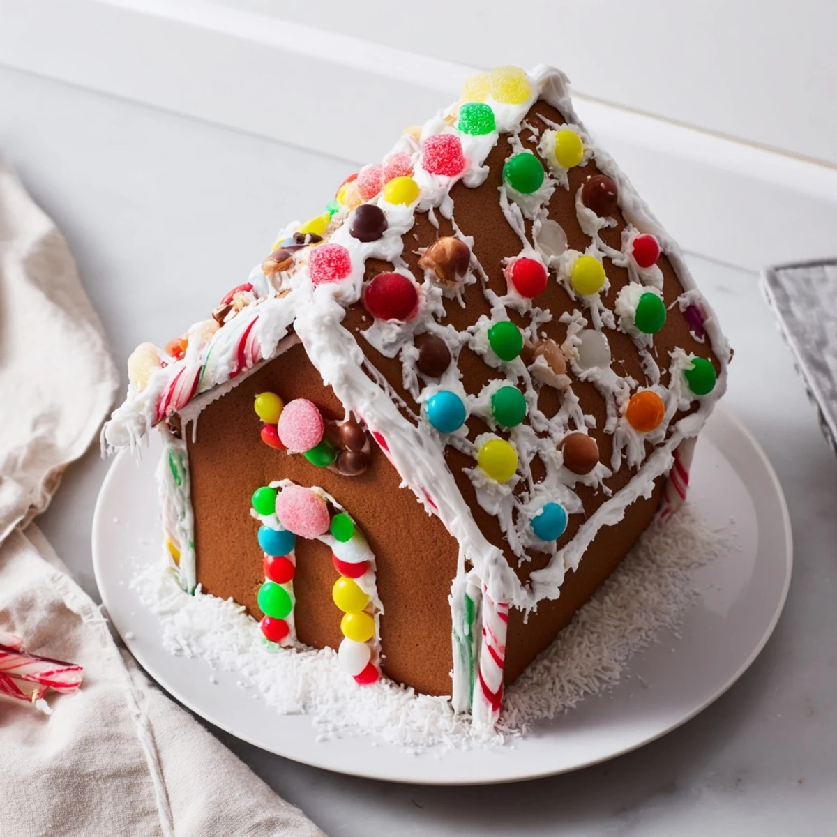 This gingerbread house showcases intricate iced details, a festive dessert for Christmas celebrations.