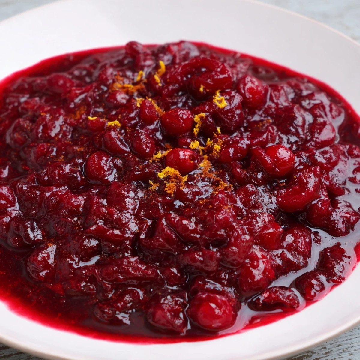 Thick, vibrant cranberry sauce, perfect for Thanksgiving, with bright orange zest visible.