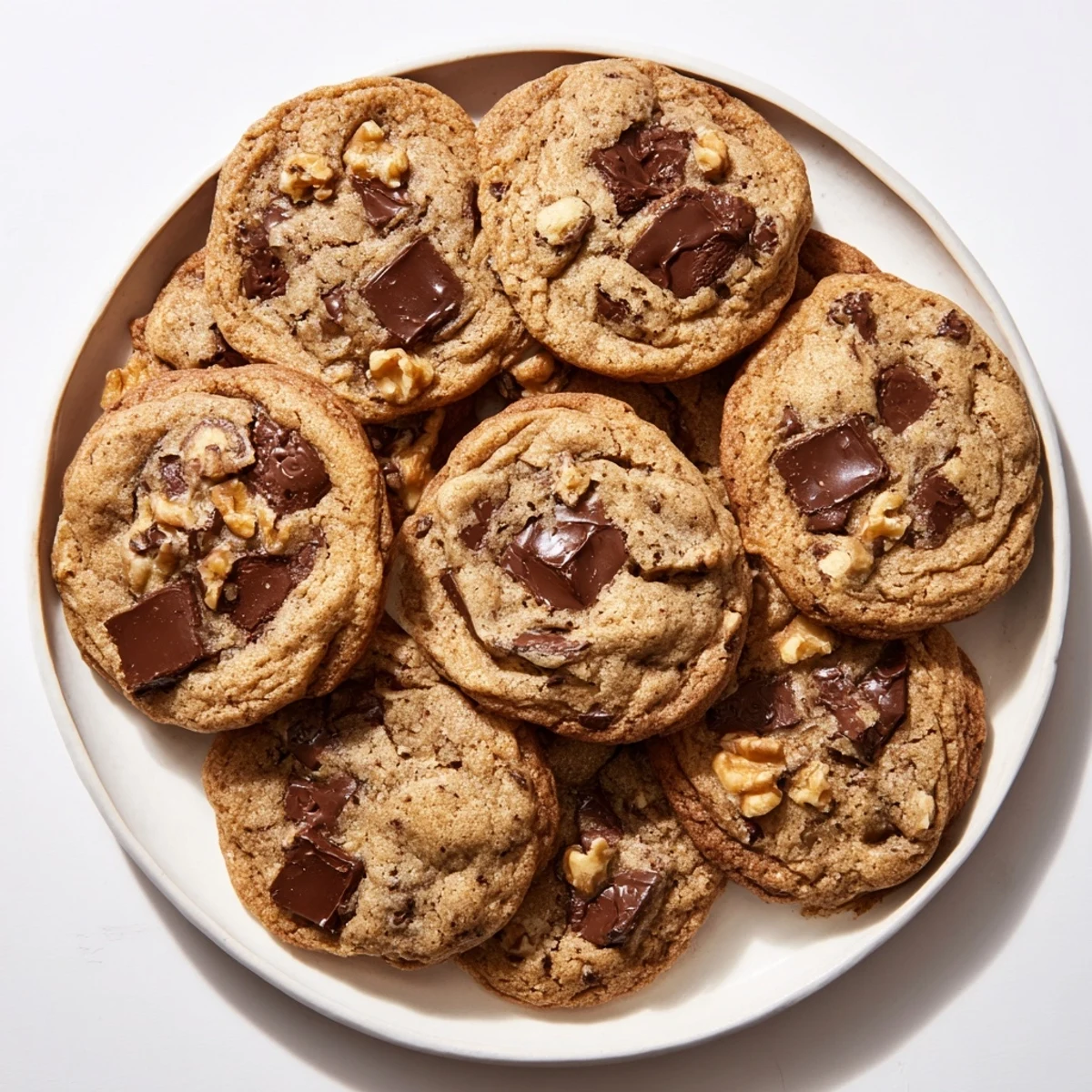 Close-up of a batch of classic, chewy chocolate chip cookies, filled with melted chocolate.