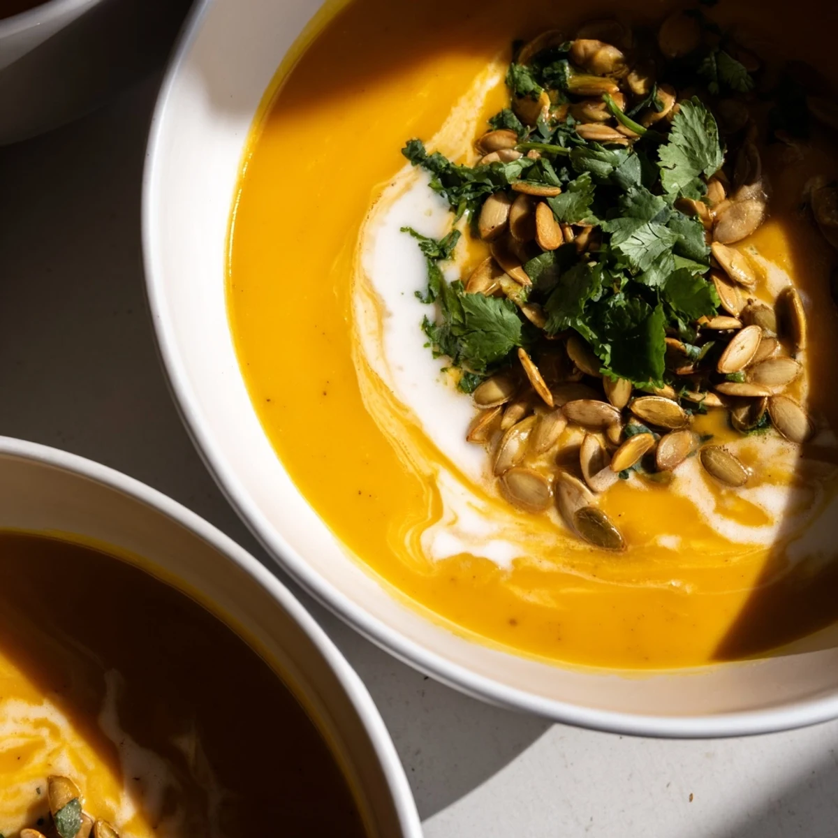 Creamy Spiced Pumpkin Soup, garnished with toasted pumpkin seeds and fresh herbs, ready to serve.
