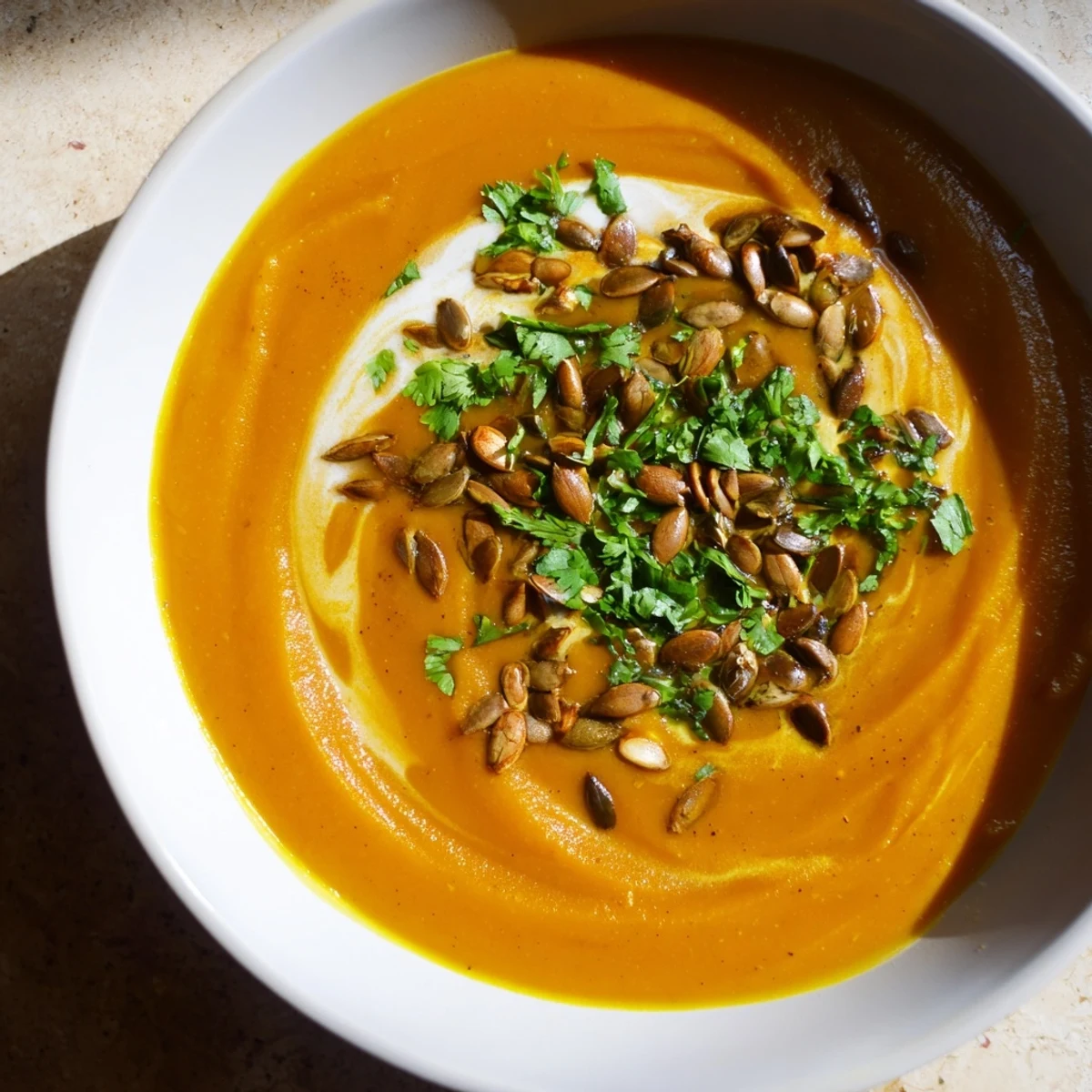 Close-up of a steaming bowl of Spiced Pumpkin Soup, perfect for a cozy, comforting meal.