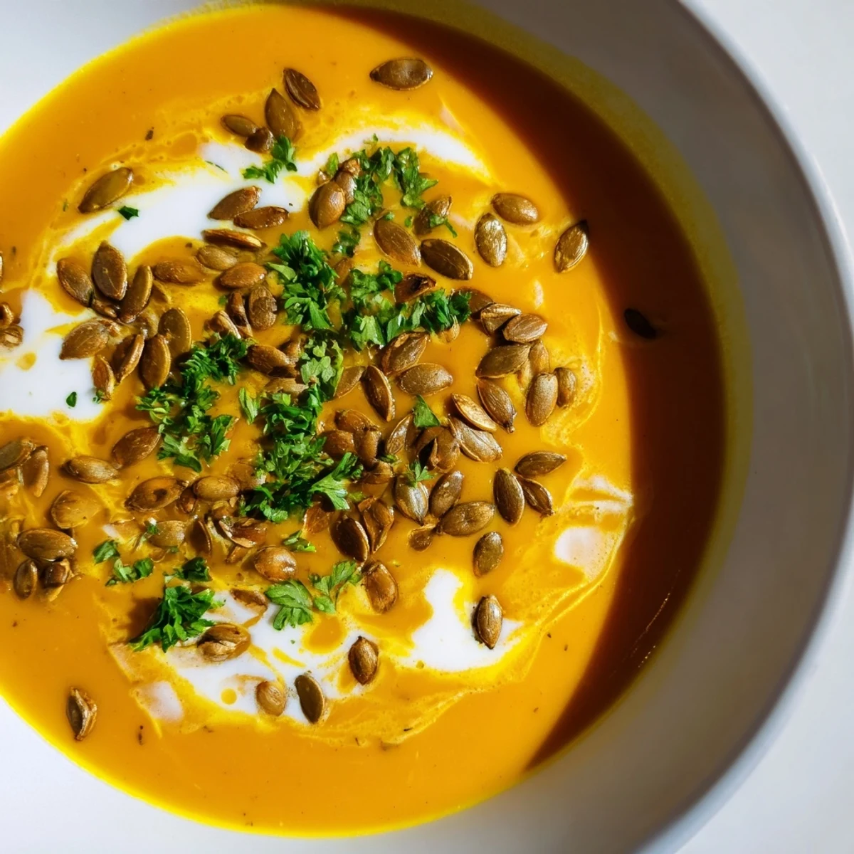 A vibrant bowl of Spiced Pumpkin Soup, featuring a swirl of coconut milk and warming spices.
