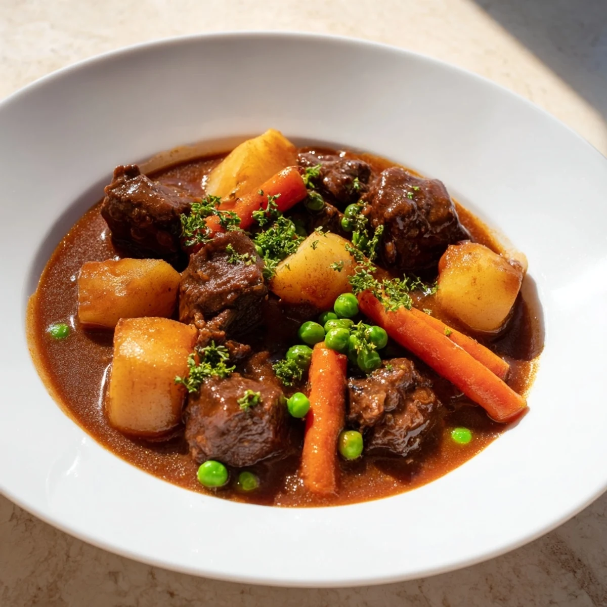 A close-up of a bubbling pot of savory beef stew, showcasing rich, dark broth and delicious ingredients.