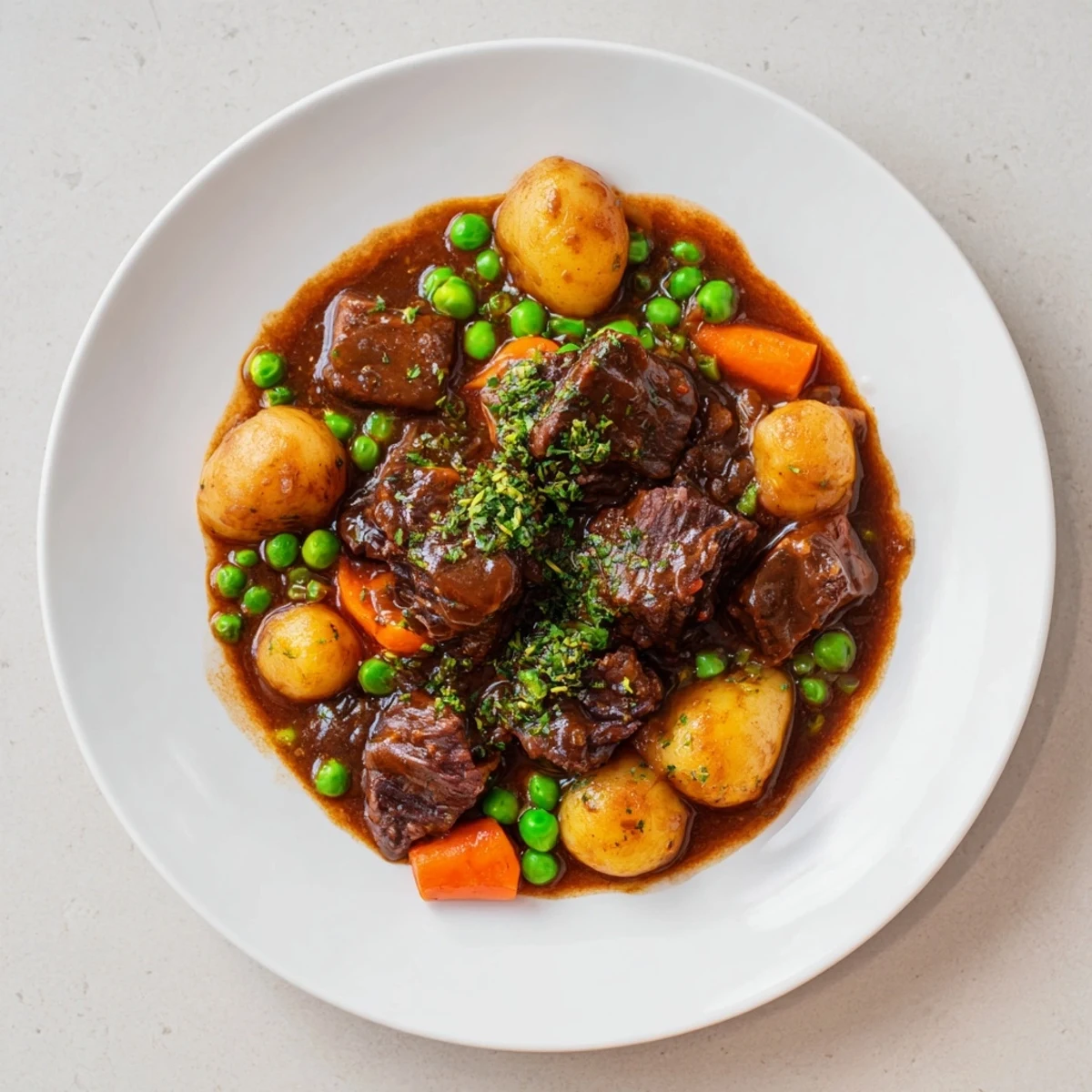 Steaming, savory beef stew featuring tender chunks of beef and hearty vegetables, ready to serve.