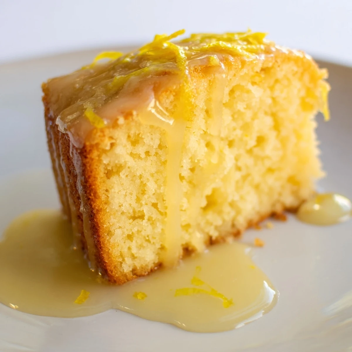Imagine a close-up of this delicious Lemon Drizzle Cake, perfect to enjoy with afternoon tea, invitingly served.