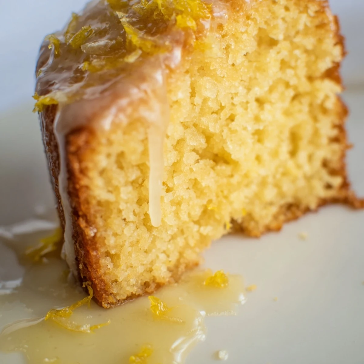 A warm slice of homemade Lemon Drizzle Cake, showcasing its moist crumb and bright lemon flavor.