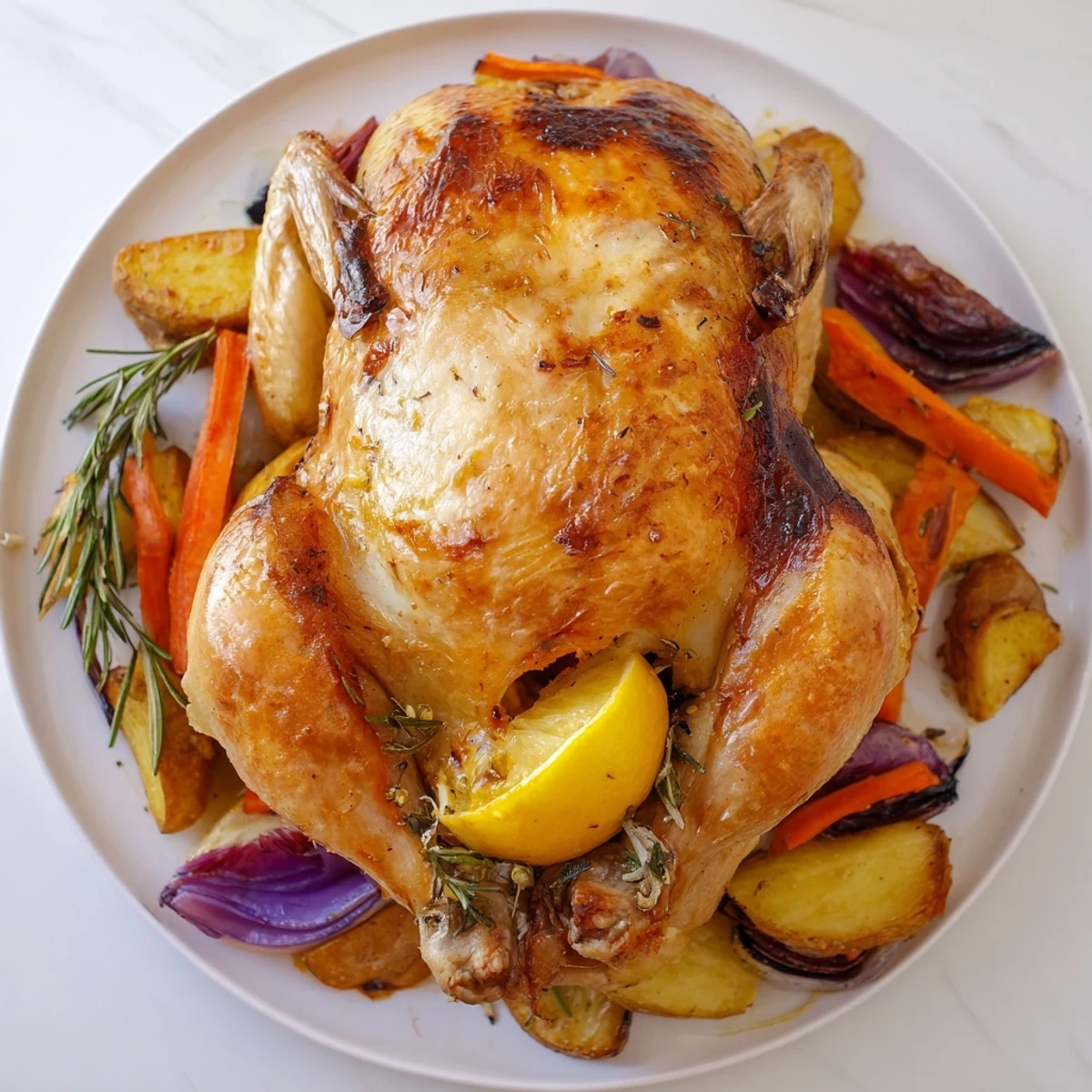 A golden-brown roasted chicken with vegetables, a delicious and complete family meal.