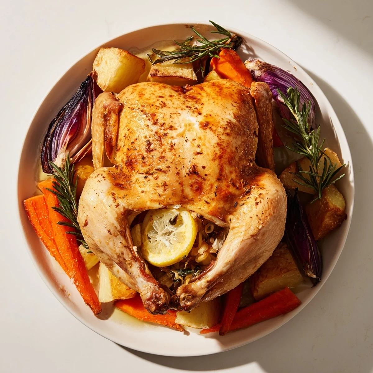Enjoy a close-up of this savory roasted chicken with vegetables, ready to be served.