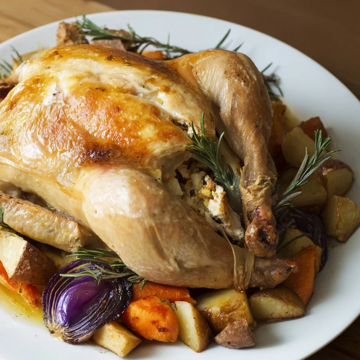 Juicy roasted chicken with vegetables, surrounded by tender carrots, potatoes, and parsnips.