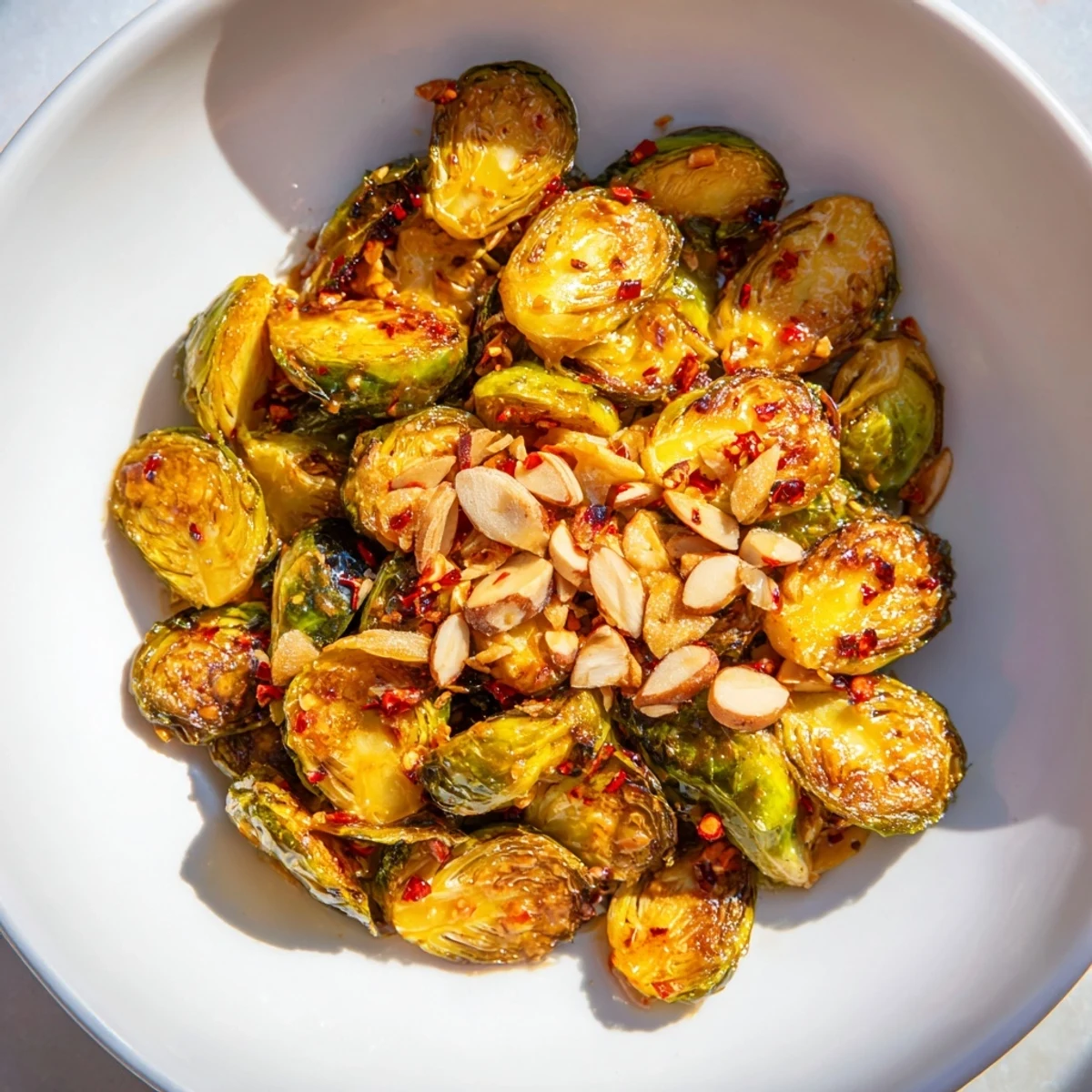 Close-up of caramelized crispy Brussels sprouts with honey glaze, ready to serve.