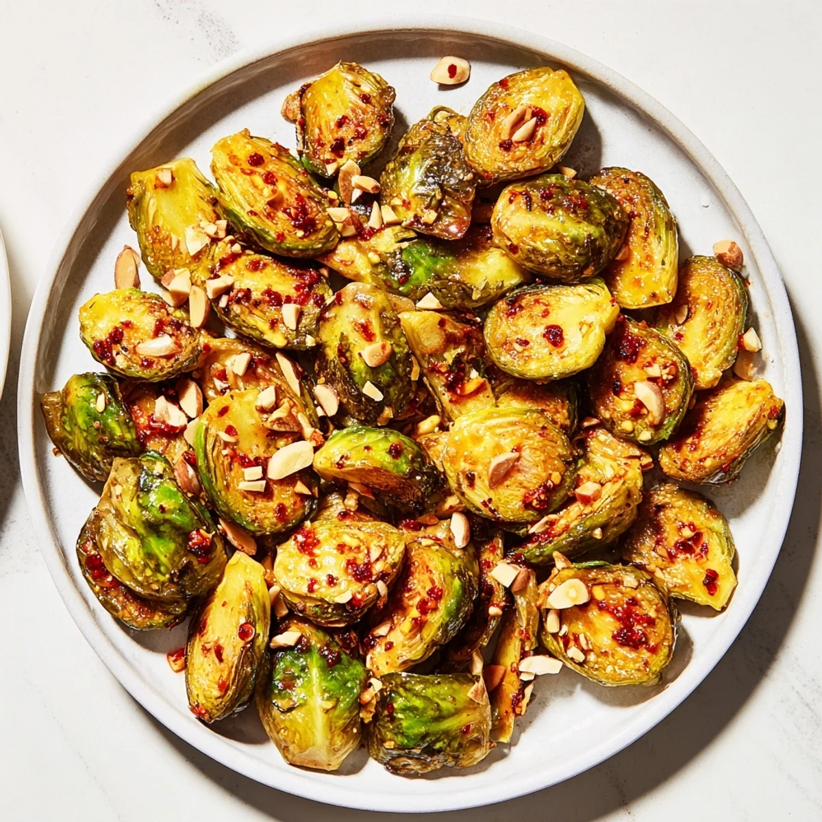 Oven-roasted crispy Brussels sprouts recipe: sweet honey and chili flakes enhance flavor.