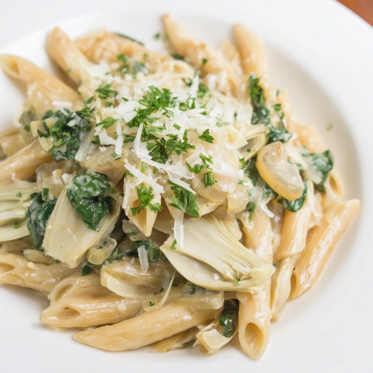 This decadent Creamy Spinach and Artichoke Pasta showcases tender pasta coated in a rich, creamy sauce.