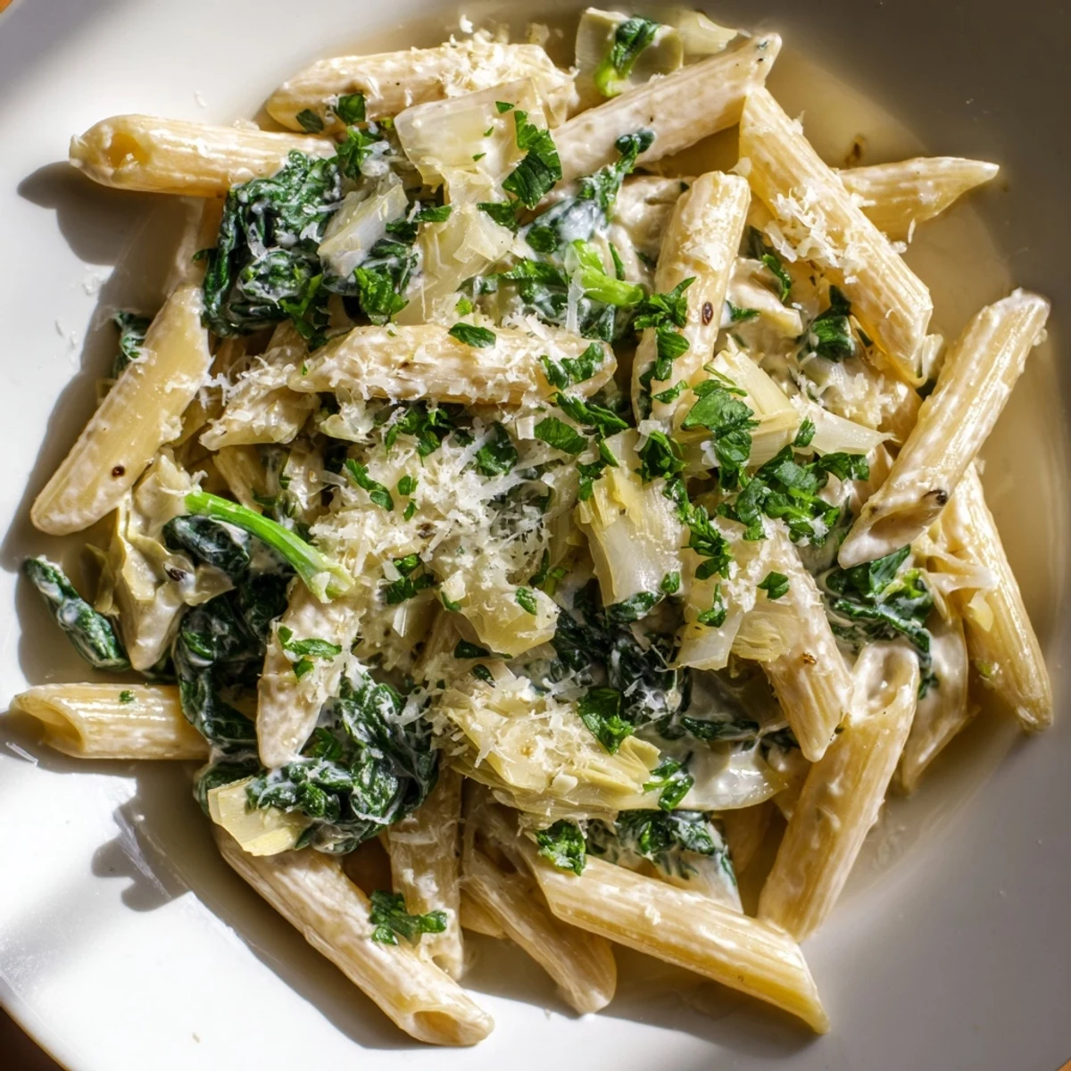 A creamy, cheesy bowl of Creamy Spinach and Artichoke Pasta, perfect for a cozy dinner.