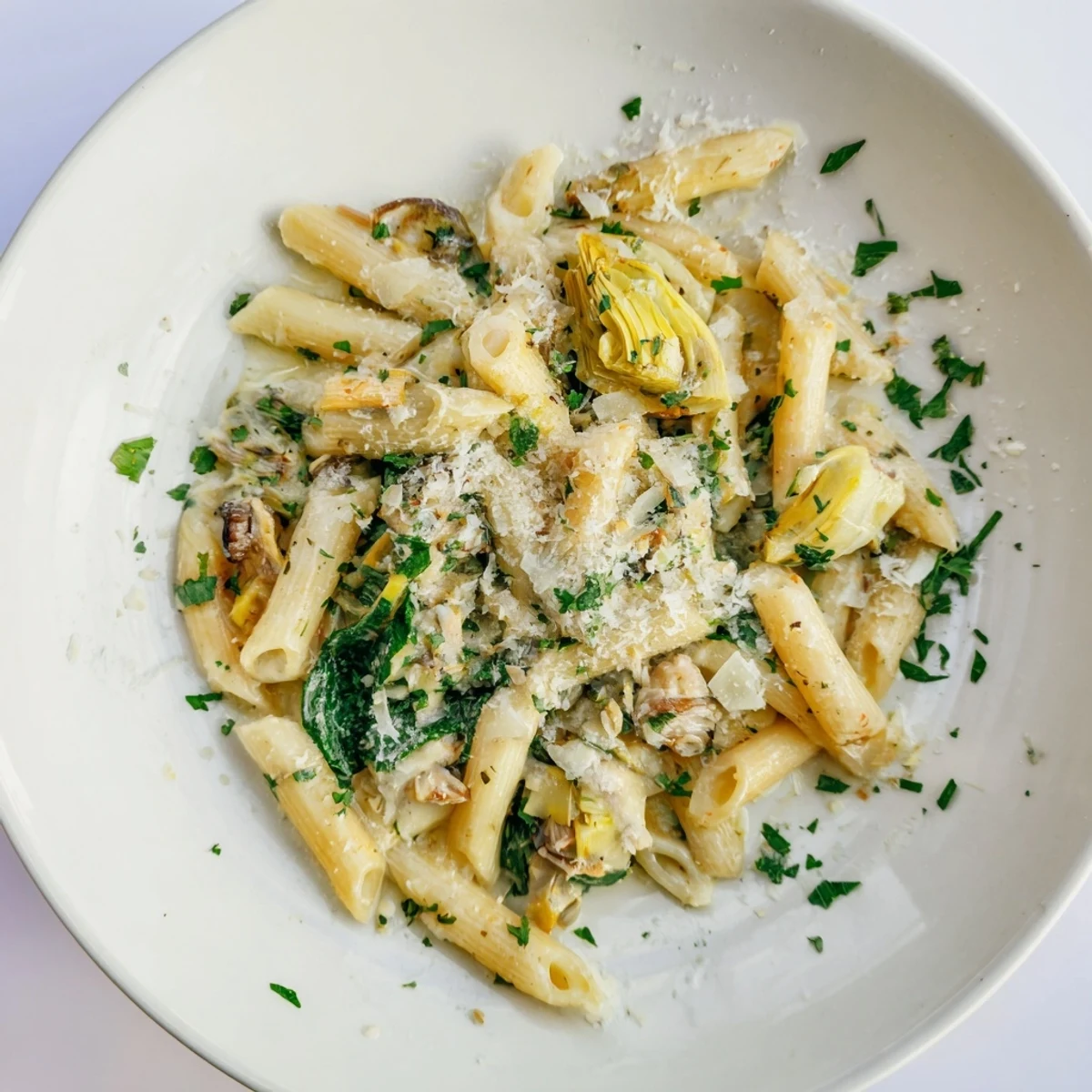 Imagine the aroma: Warm Creamy Spinach and Artichoke Pasta, served with fresh parsley and Parmesan cheese.