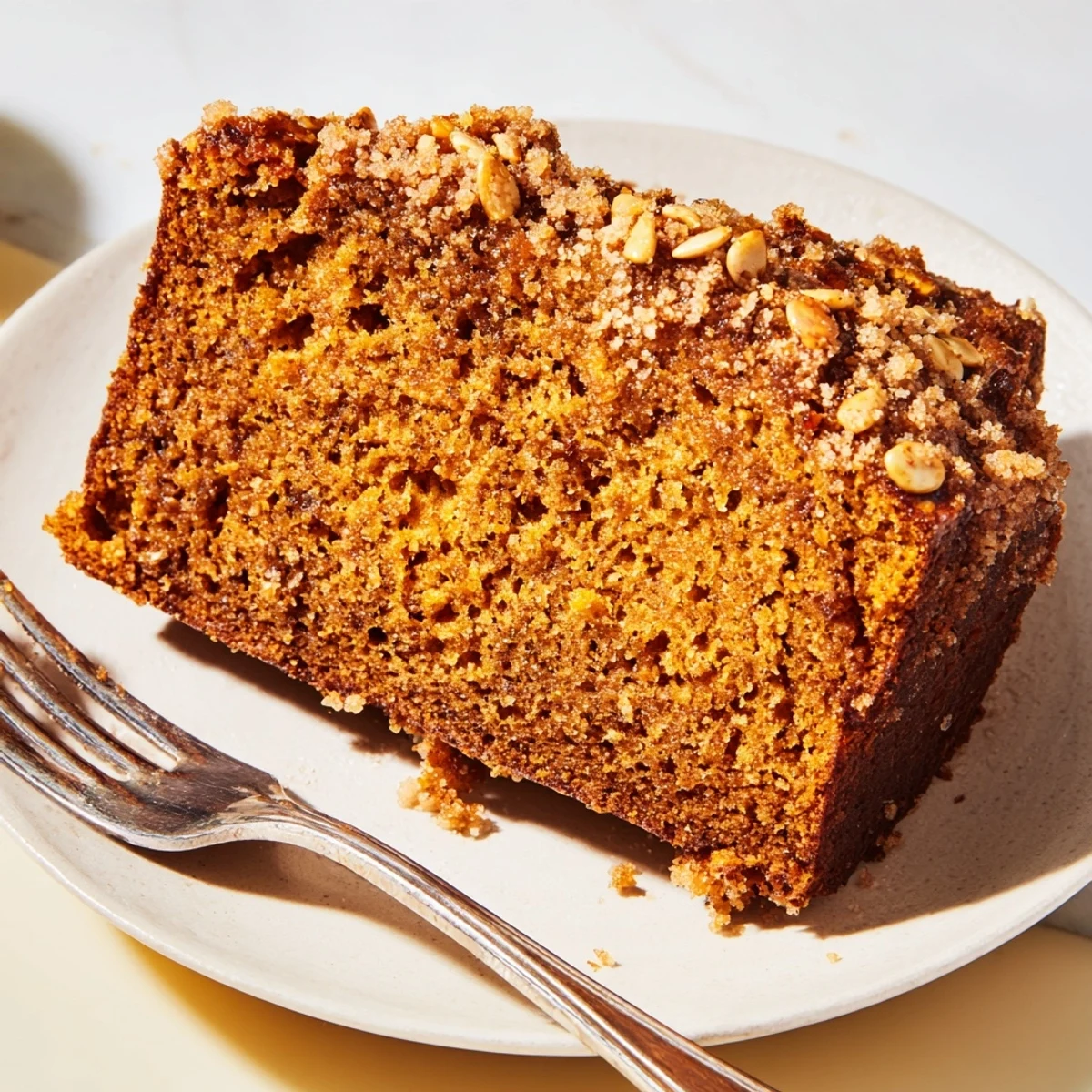 A golden slice of Spiced Pumpkin Bread with crunchy pepitas, ready to enjoy.