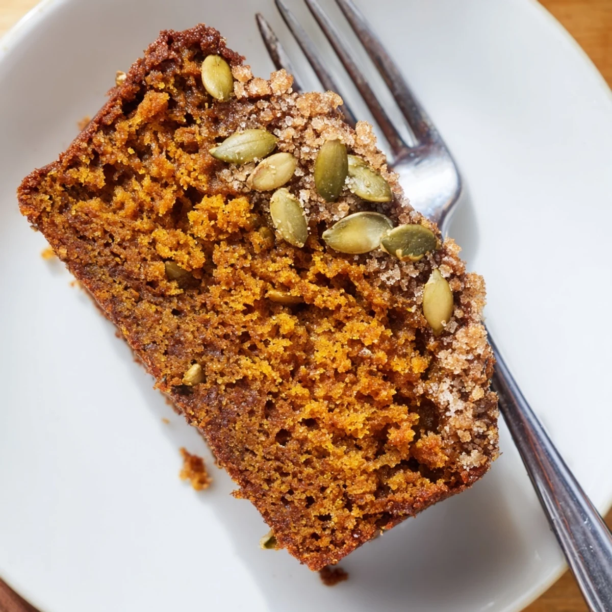 Tempting view: a cooling loaf of Spiced Pumpkin Bread with sugar-coated pepitas.