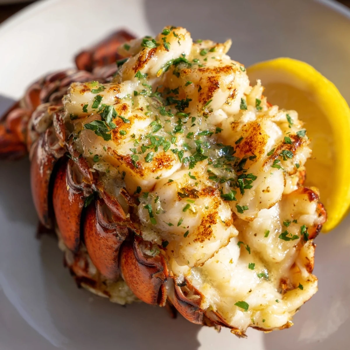 Golden, glistening Garlic Butter Lobster Tails ready to serve with fresh lemon wedges for a seafood feast.