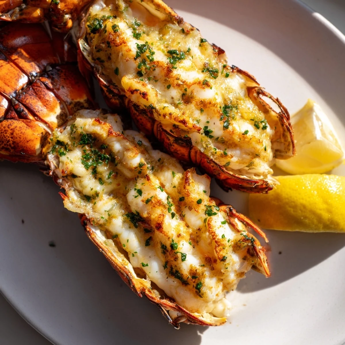 Close-up of baked Garlic Butter Lobster Tails, highlighting tender meat and flavorful garlic butter glaze.