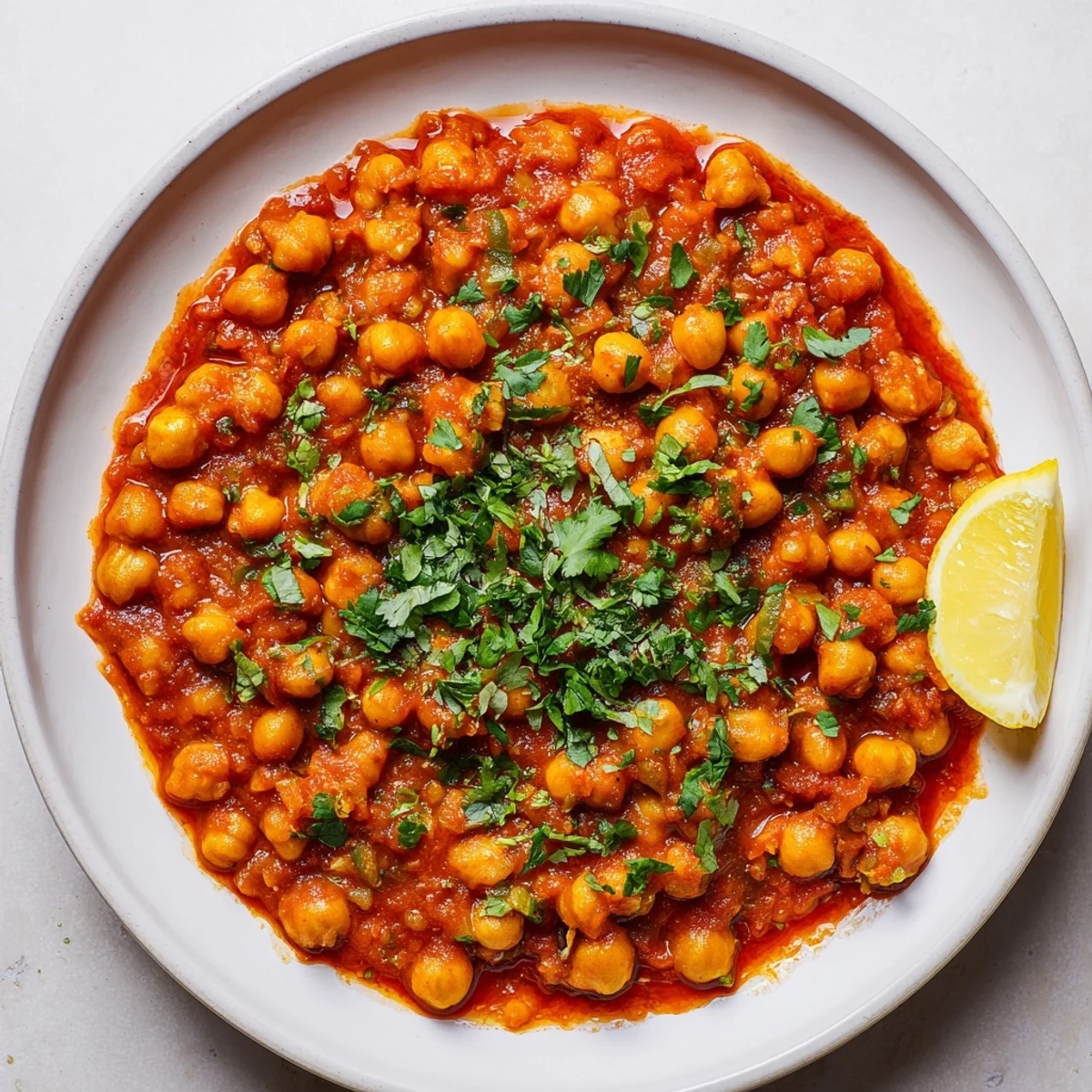 Golden, fragrant spicy chickpea curry, served with fresh lemon and hints of spice in rich sauce.