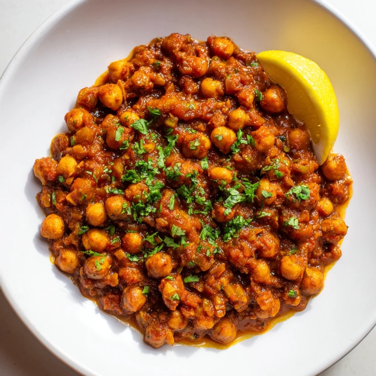 Steaming hot spicy chickpea curry, vibrant with cilantro, ready for a delicious vegan meal.