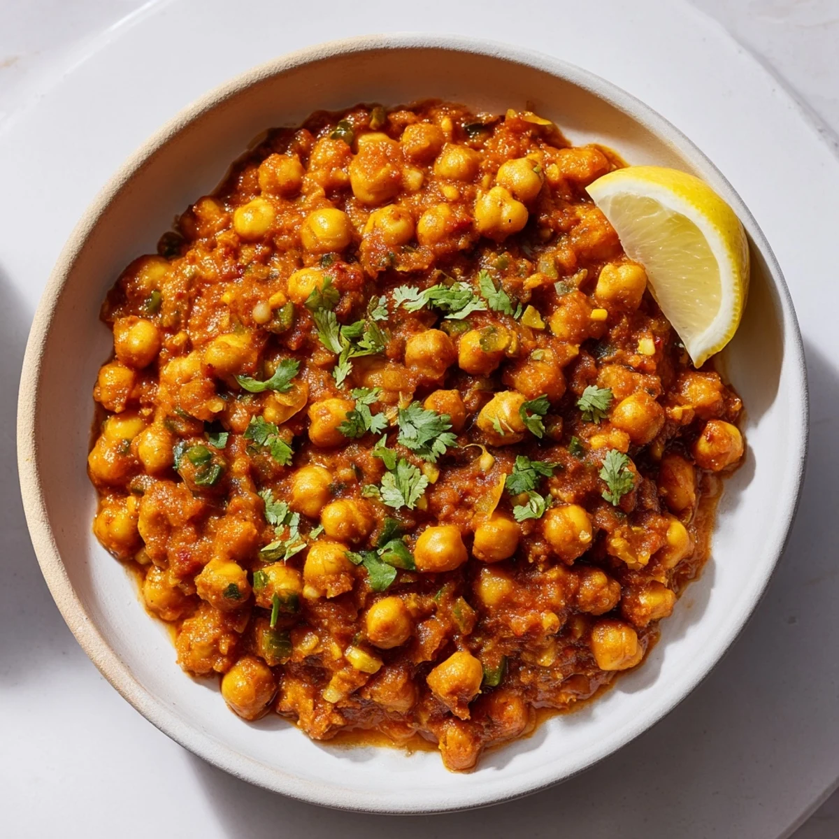 Close-up of a steaming bowl of spicy chickpea curry, full of tender chickpeas and flavorful sauce.