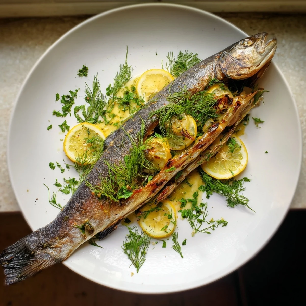 Golden-brown baked trout with lemon herbs, showcasing flaky fish and bright citrus slices.