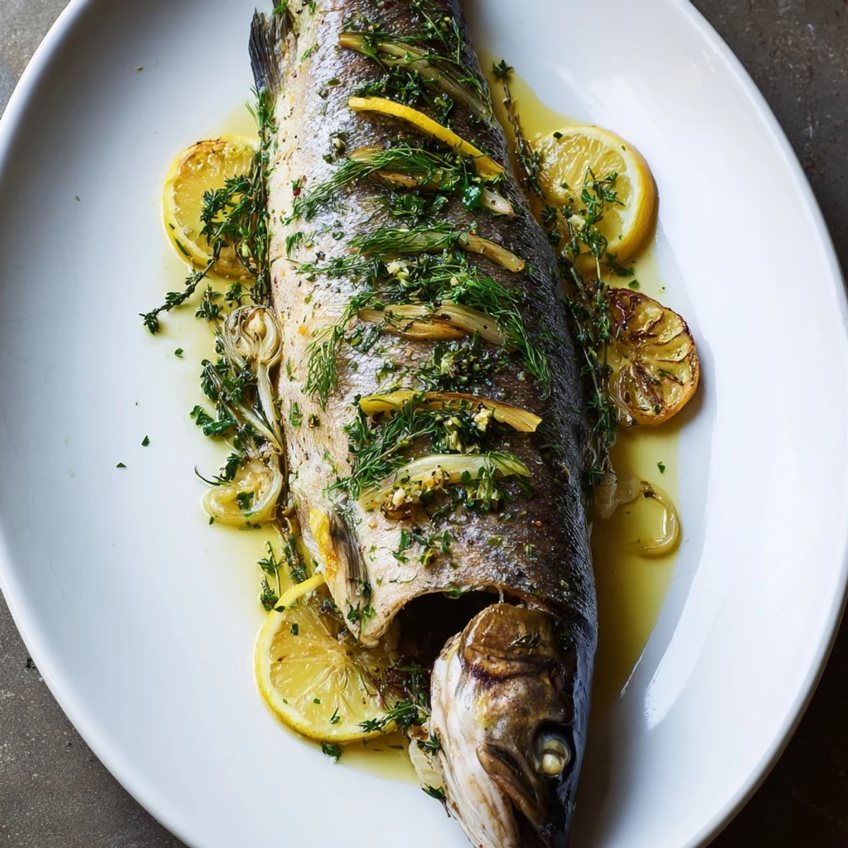 Beautifully cooked baked trout with lemon herbs, presented with flavorful herbs and lemon wedges.