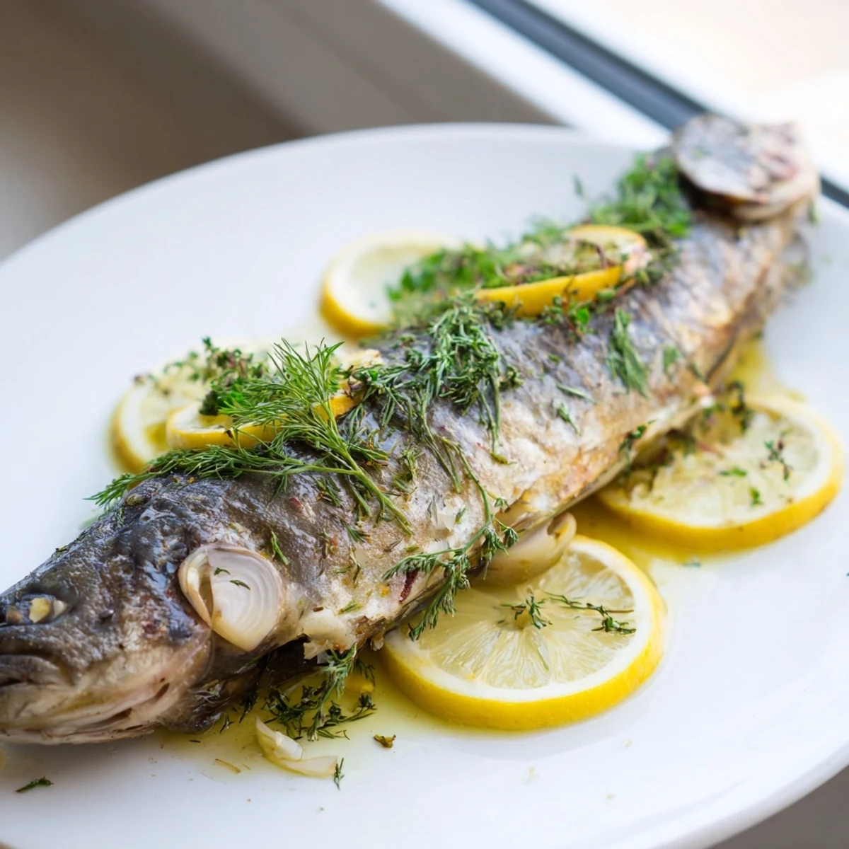 A close-up of baked trout with lemon herbs, ready to serve with fresh parsley garnish.