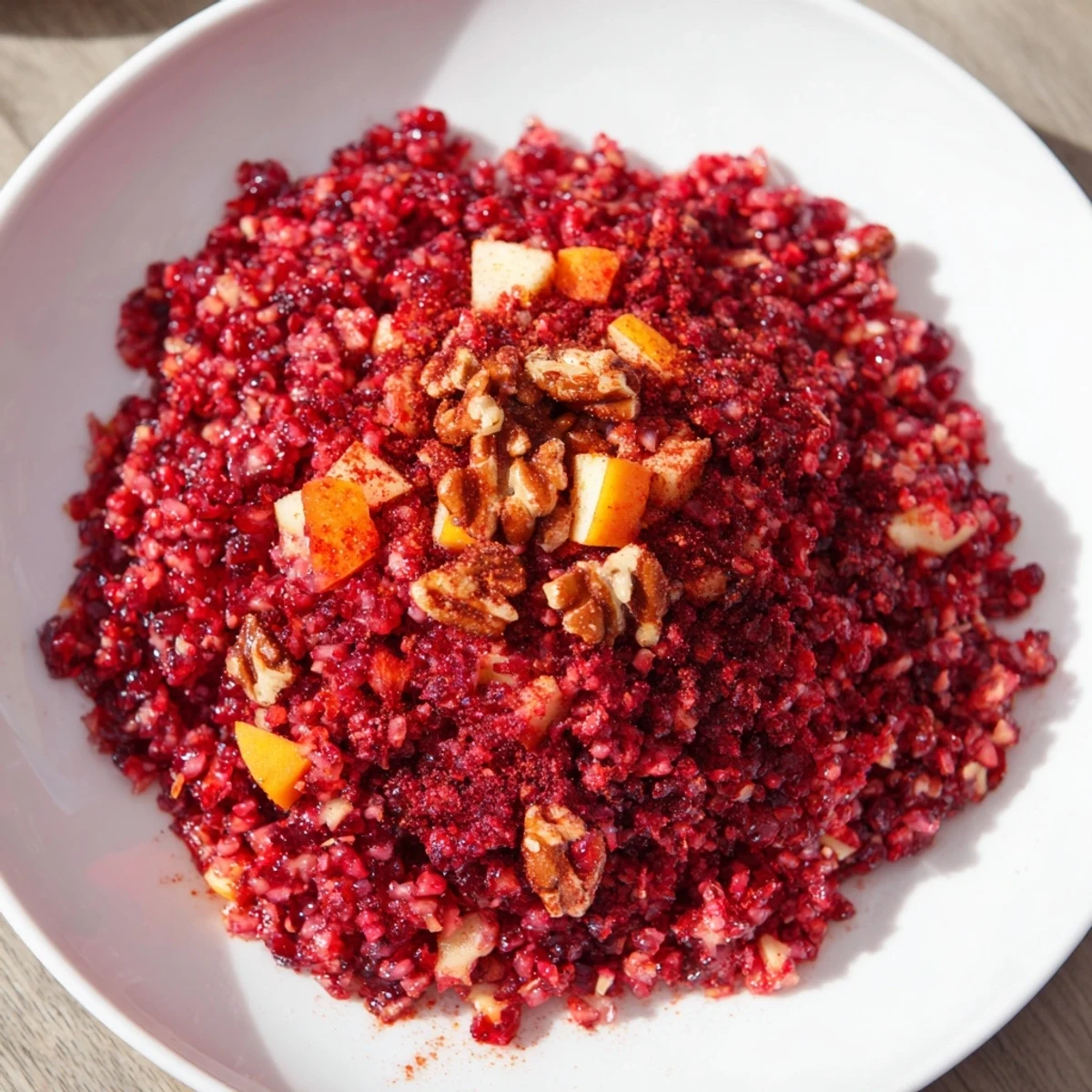 Vibrant Cranberry Orange Relish, studded with cranberries, offering a tangy aroma, ready to be served.