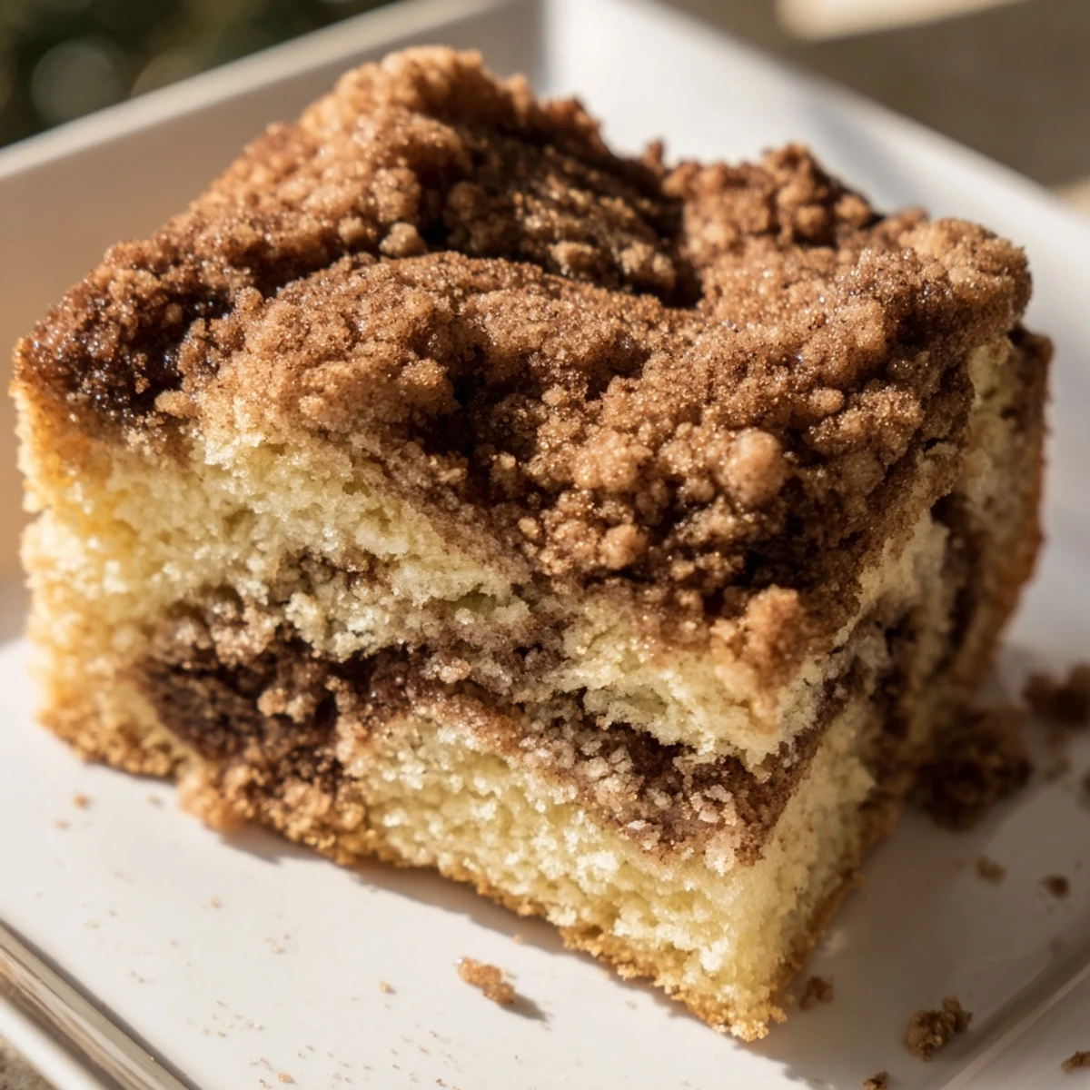 Warm, golden Cinnamon Swirl Coffee Cake, invitingly sliced, dusted with crumb topping, and ready to savor.