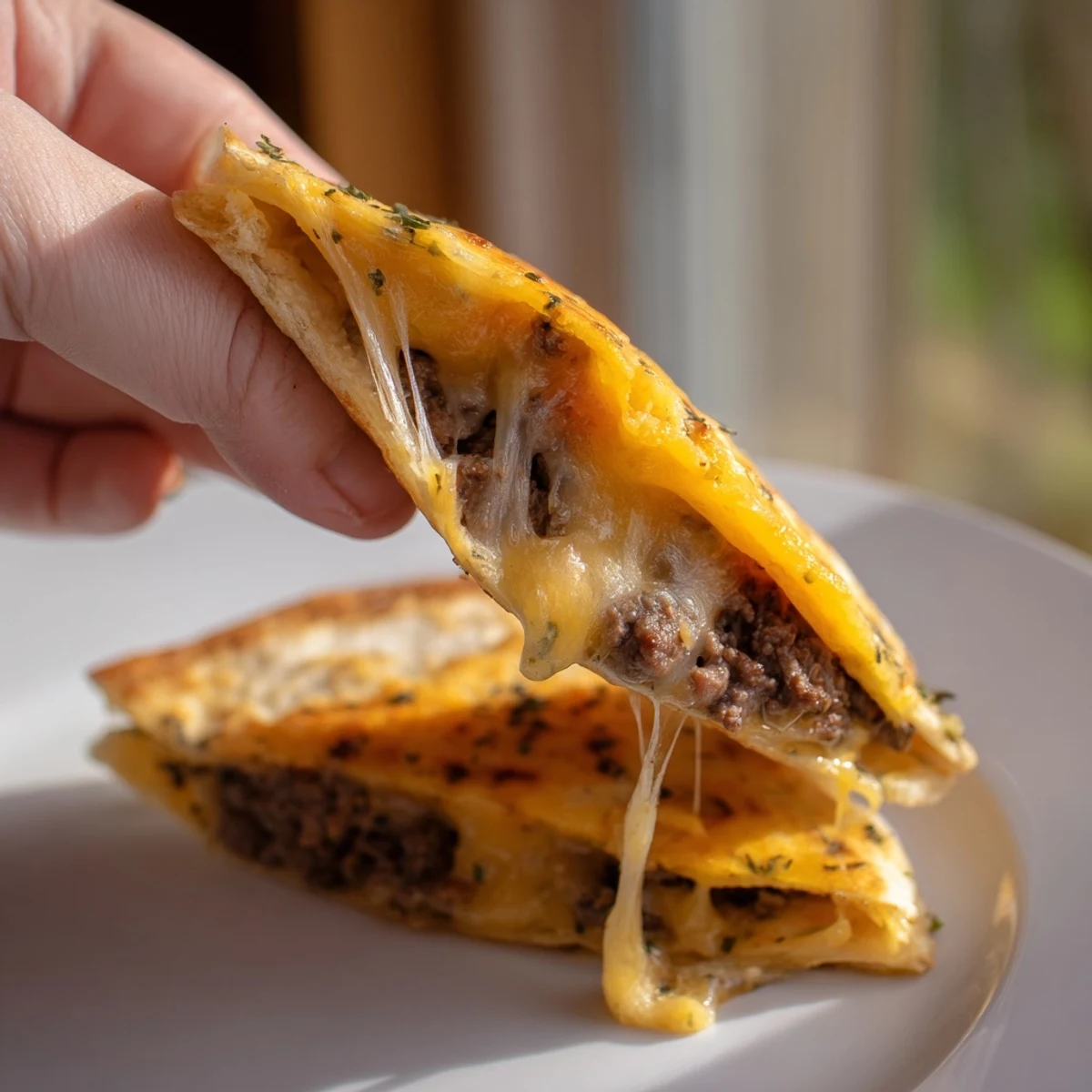 Golden, crispy Cheesy Beef Quesadillas with melted cheese and savory ground beef, ready to eat.