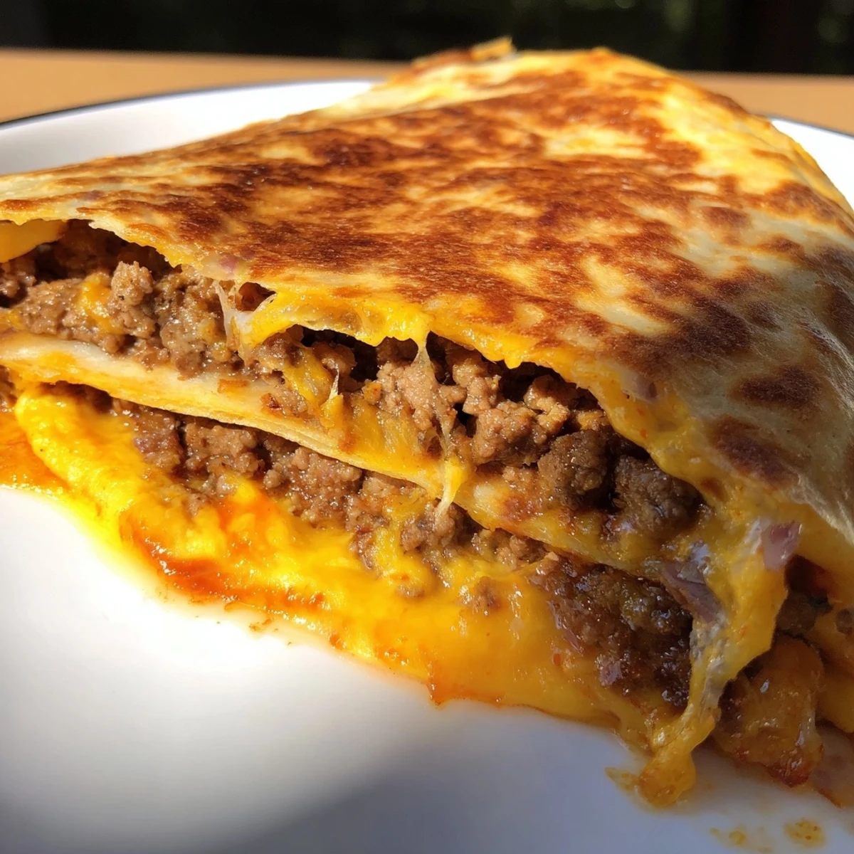 Warm, cheesy Cheesy Beef Quesadillas, folded and browned, make a perfect Tex-Mex dinner.