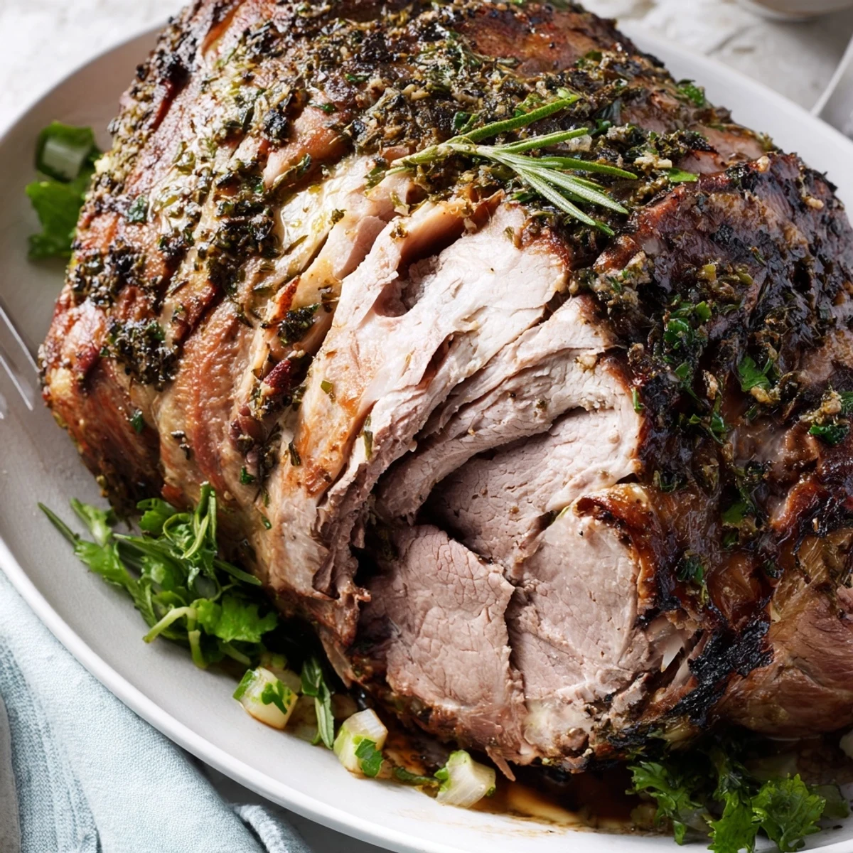 Juicy slow roasted turkey breast, fall-apart tender, seasoned with herbs ready to be sliced and enjoyed.