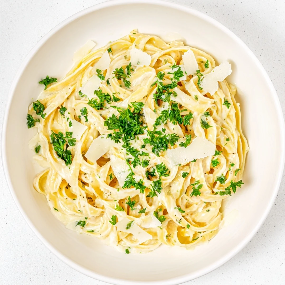 Golden creamy fettuccine Alfredo with parsley, a comforting Italian pasta dish, ready to savor.