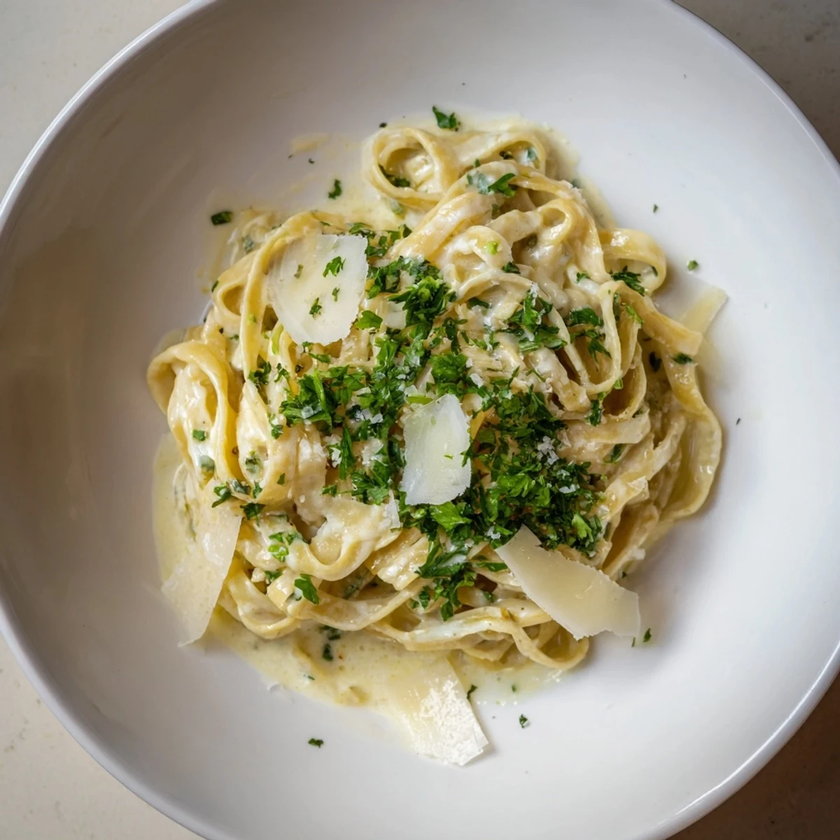 Silky fettuccine Alfredo, featuring a rich parmesan sauce, generously garnished with fresh green parsley.