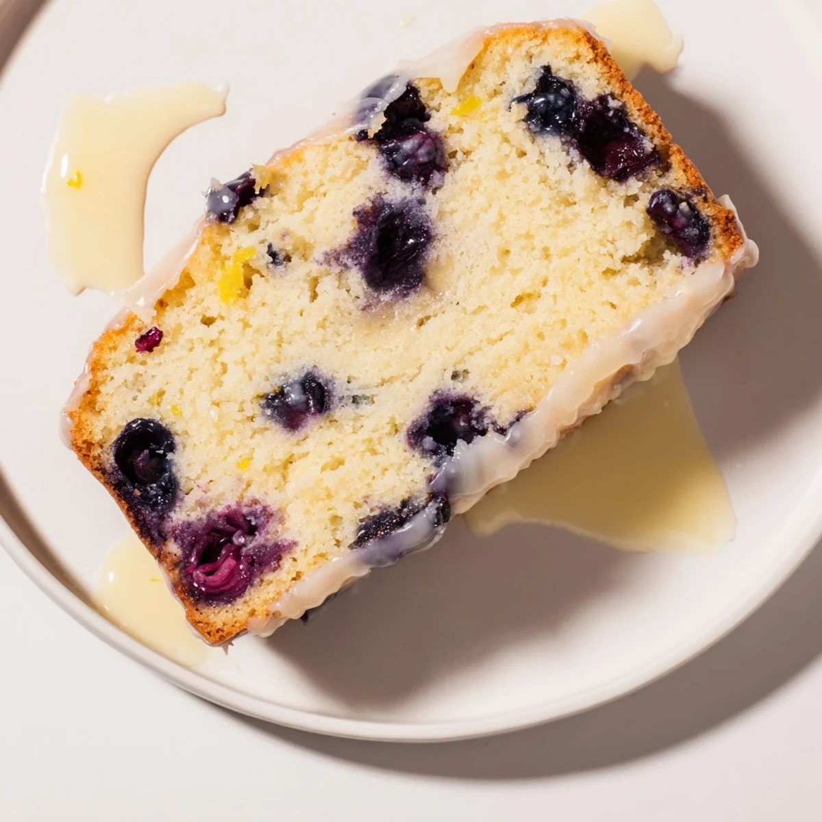 A slice of Lemon Blueberry Yogurt Loaf, drizzled with lemon glaze, offering tangy and sweet flavors.