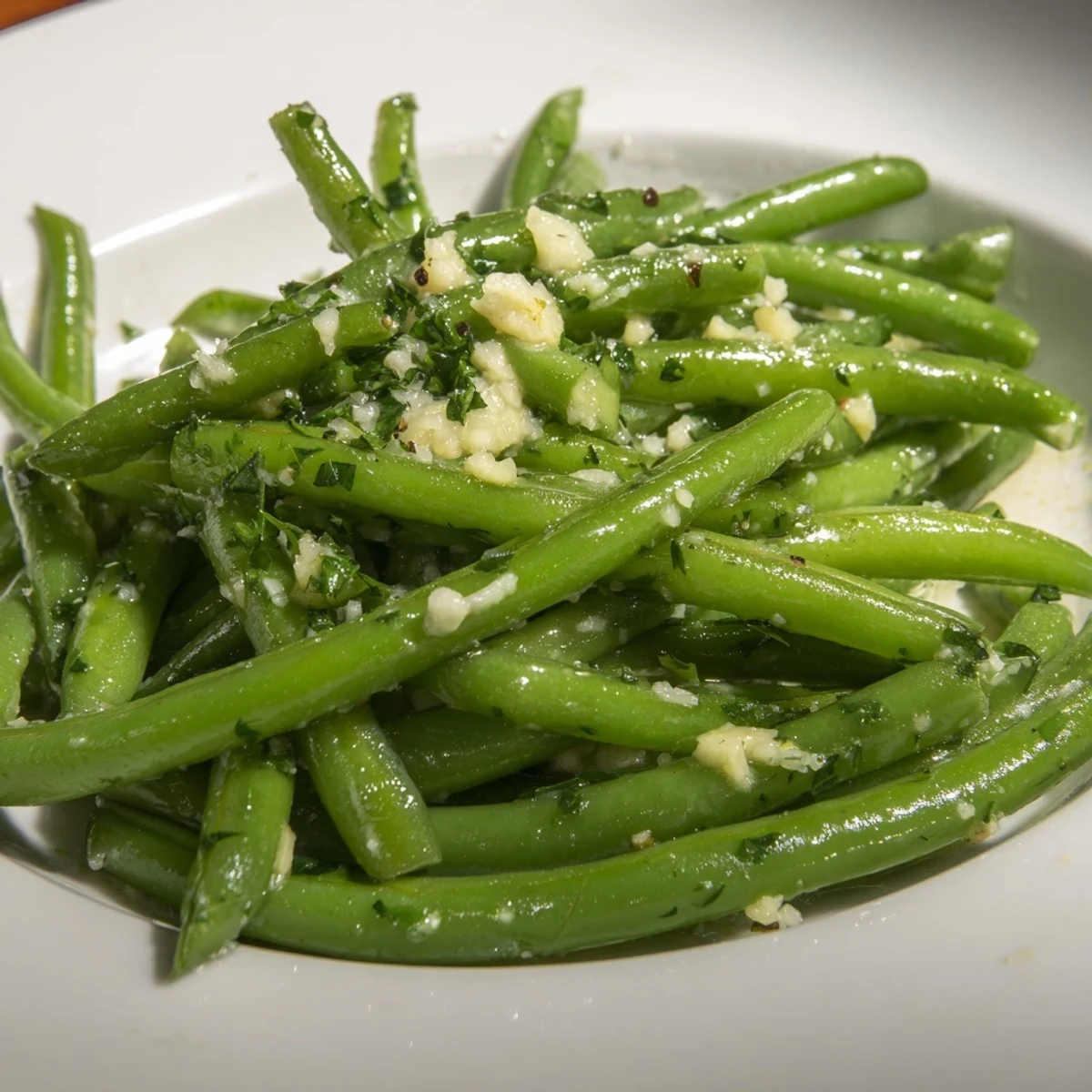 Sizzling garlic butter green beans with bright green color, ready to enjoy as a flavorful side.