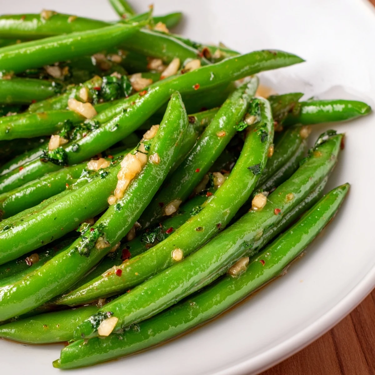 Golden-brown garlic butter coating perfectly coats the tender, vibrant green beans for dinner.