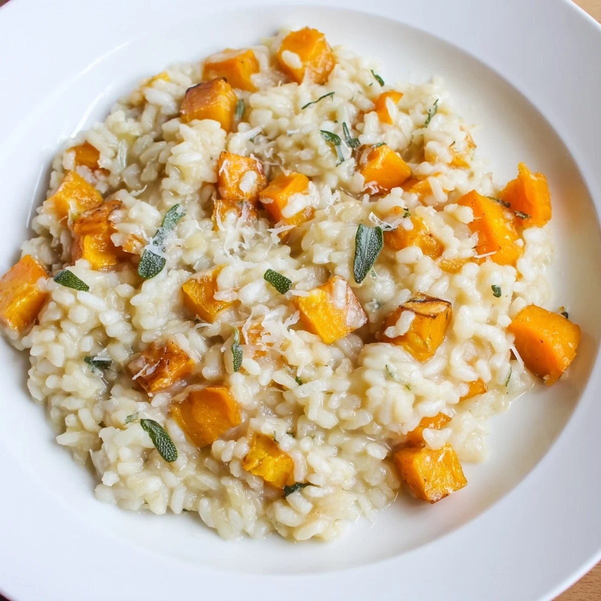 Creamy butternut squash and sage risotto, garnished with fresh herbs, ready for a delicious meal.
