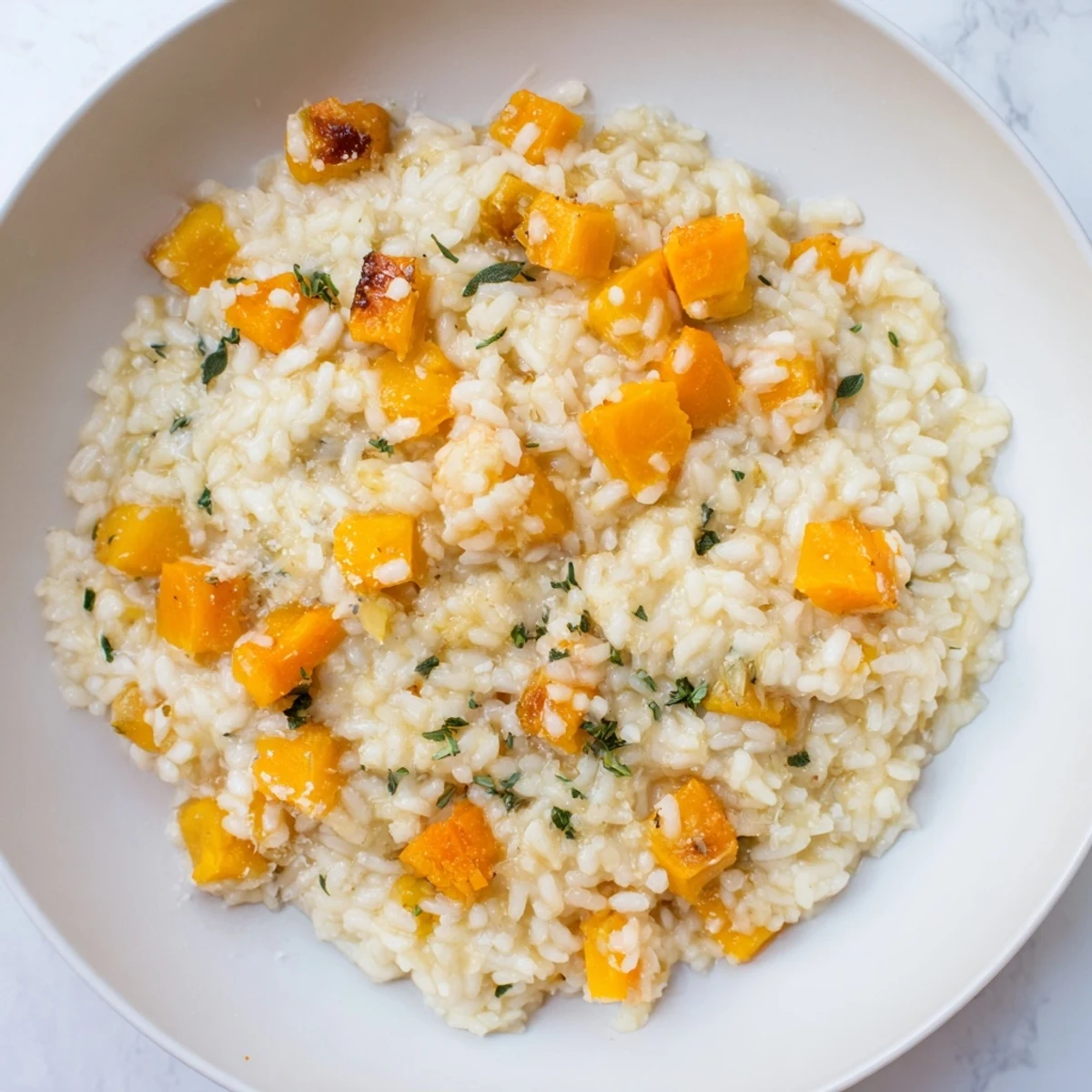 A close-up of golden butternut squash risotto, showing the creamy texture and aromatic sage.