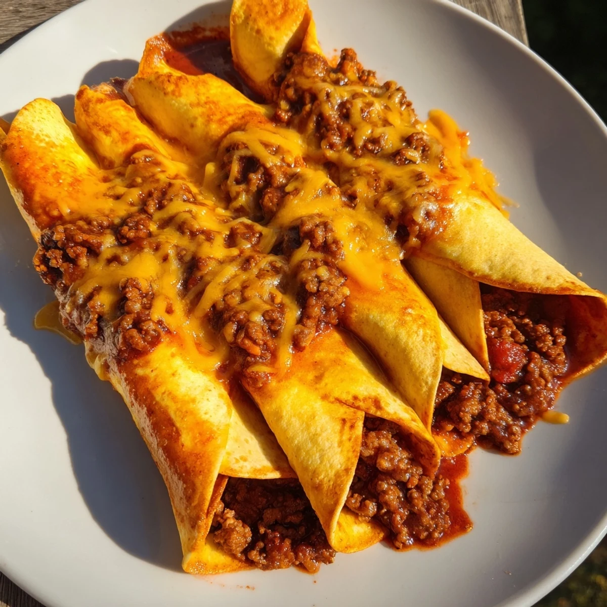 Steaming hot Beef Enchiladas with Red Sauce, bubbly with melted cheese and fresh cilantro, is so inviting.