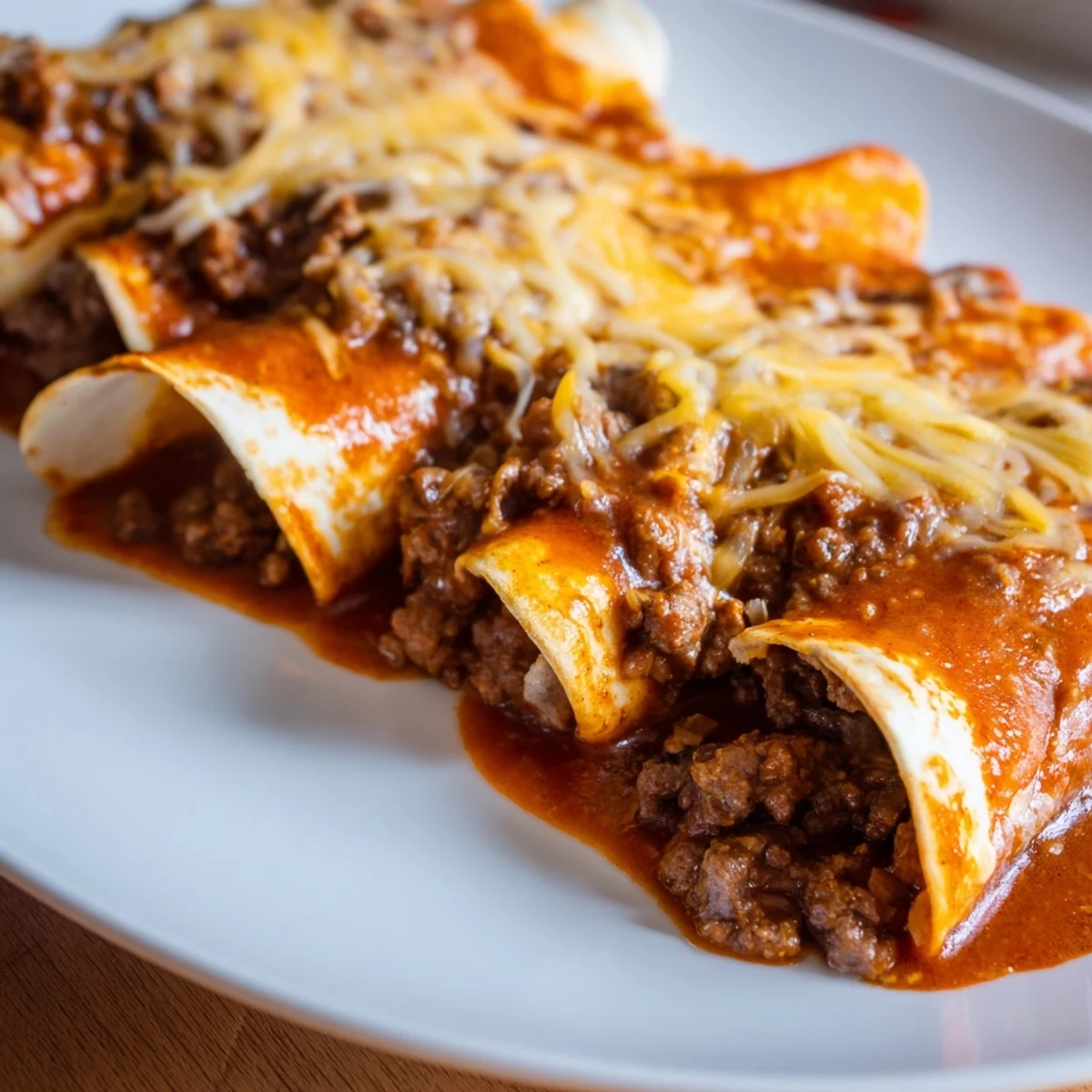 A close-up view of flavorful Beef Enchiladas with Red Sauce, ready to enjoy with a family-sized serving.