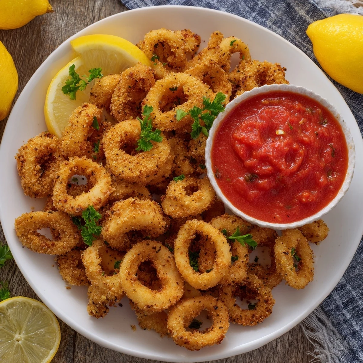 Golden, crispy fried calamari rings ready to dip into a vibrant red marinara sauce.