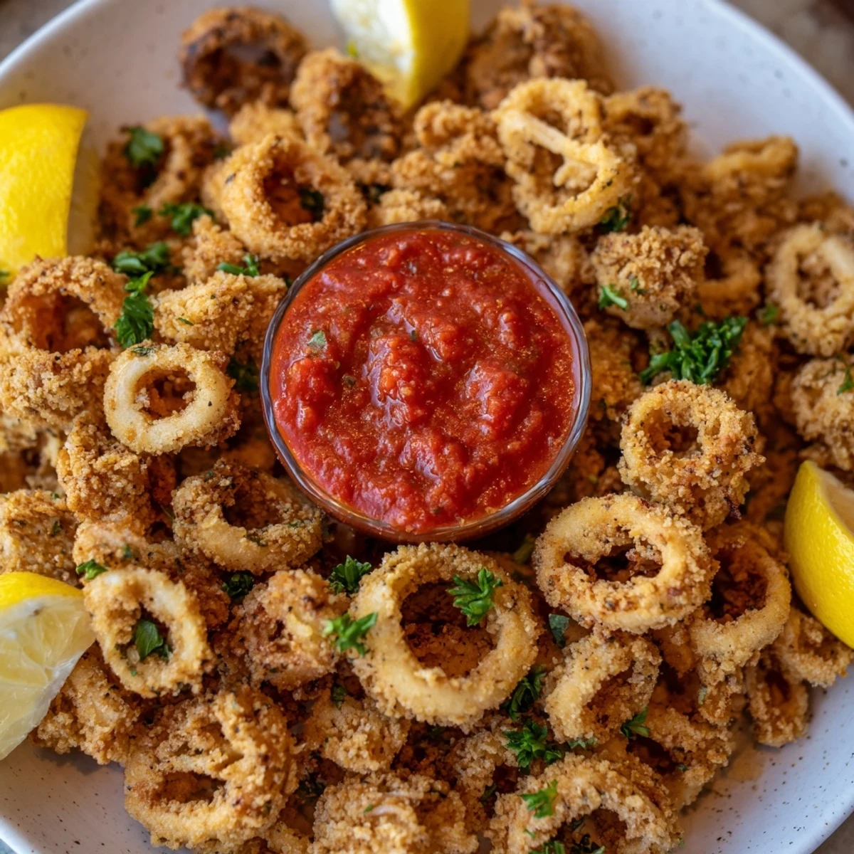 Close-up of golden brown, crispy fried calamari, perfectly cooked and ready to eat, served hot.